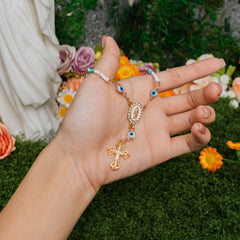 Our Lady of Grace Rosary Cross Bracelet – Gold & Blue Faith Protection Jewelry