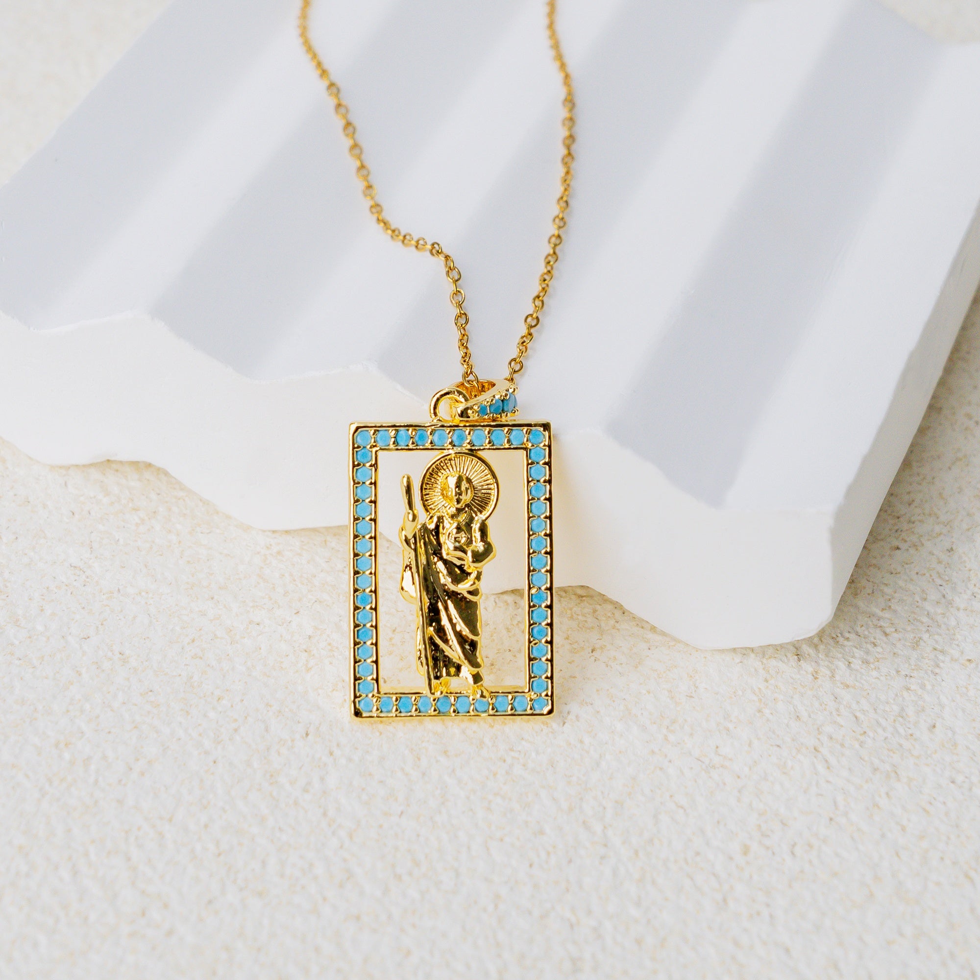 Turquoise Saint Pendant Necklace – Oval & Rectangle Holy Icon Designs