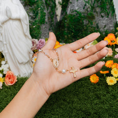 Madonna Rosary Cross Bracelet – White Pearl & Red Enamel Faith Edition