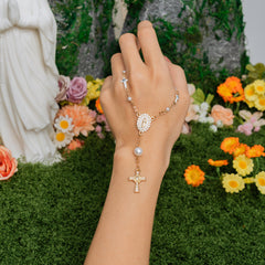 Madonna Rosary Cross Bracelet – White Pearl & Red Enamel Faith Edition