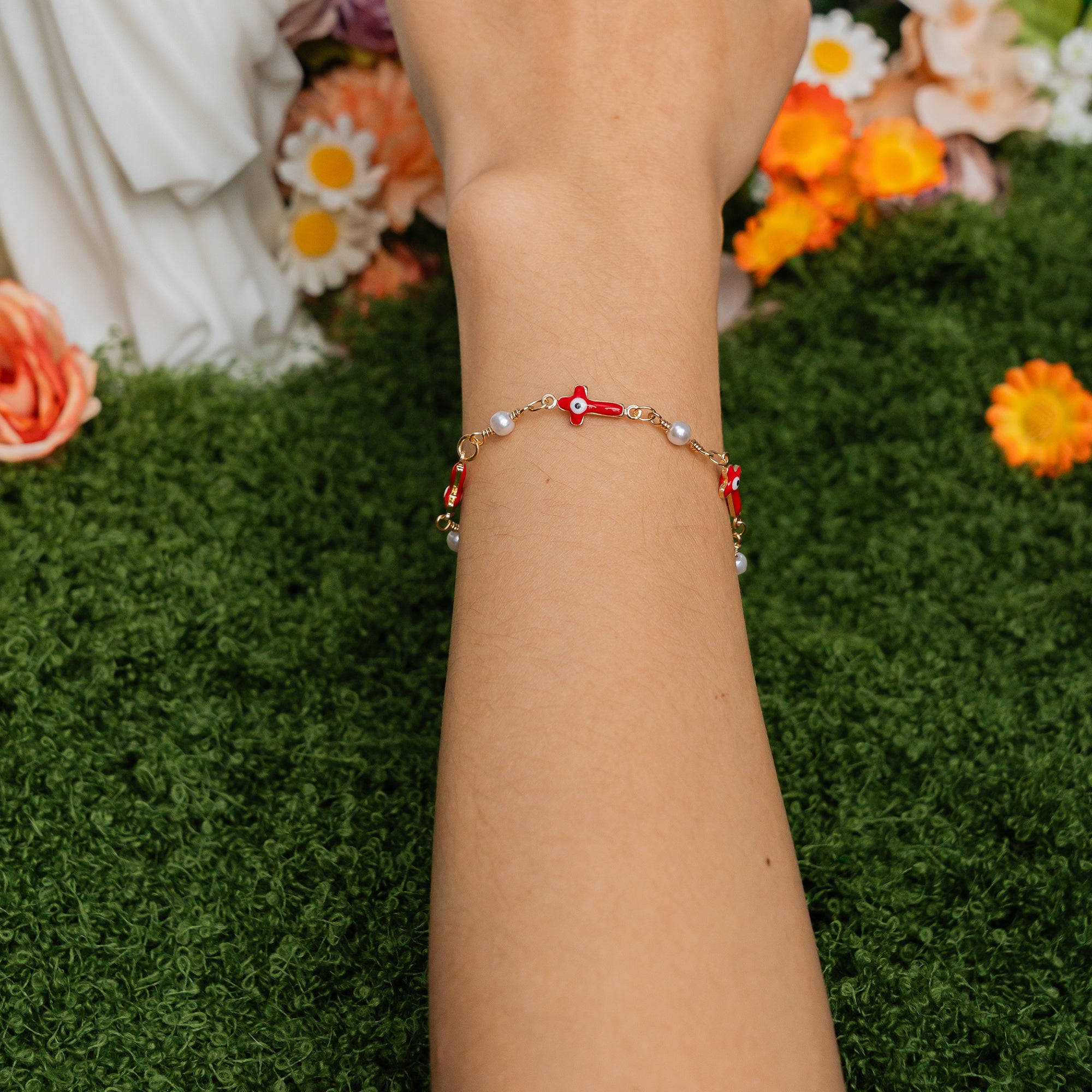 Madonna Rosary Cross Bracelet – White Pearl & Red Enamel Faith Edition