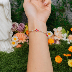 Madonna Rosary Cross Bracelet – White Pearl & Red Enamel Faith Edition