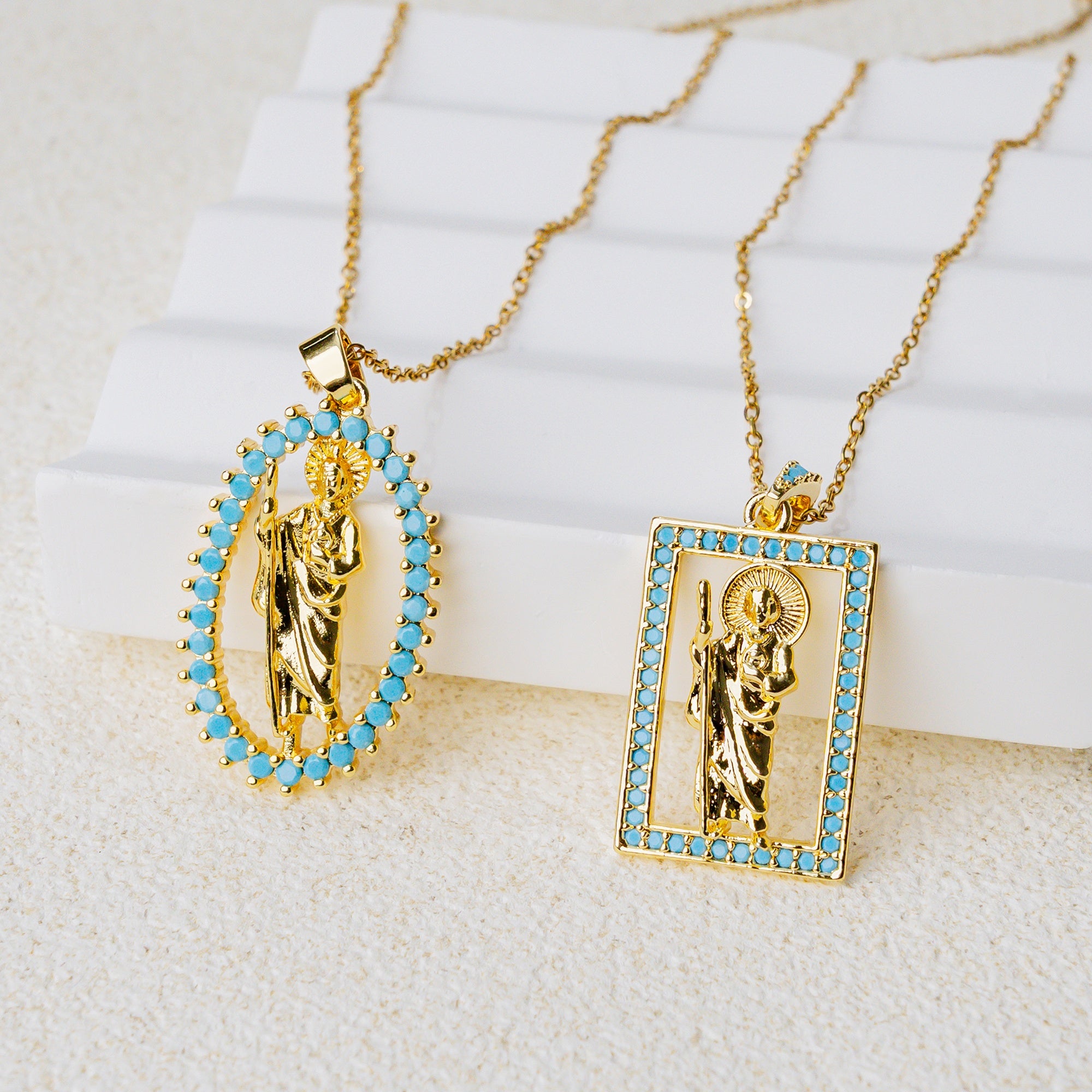 Turquoise Saint Pendant Necklace – Oval & Rectangle Holy Icon Designs