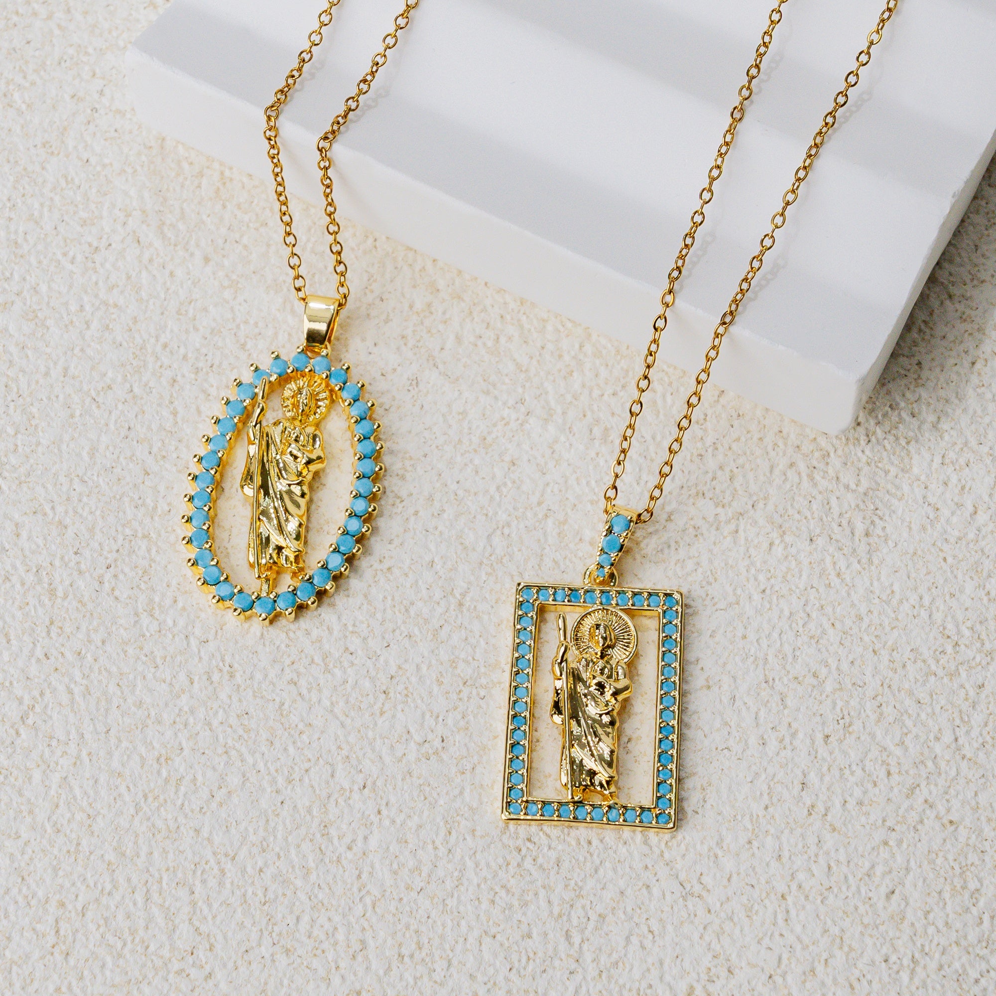 Turquoise Saint Pendant Necklace – Oval & Rectangle Holy Icon Designs