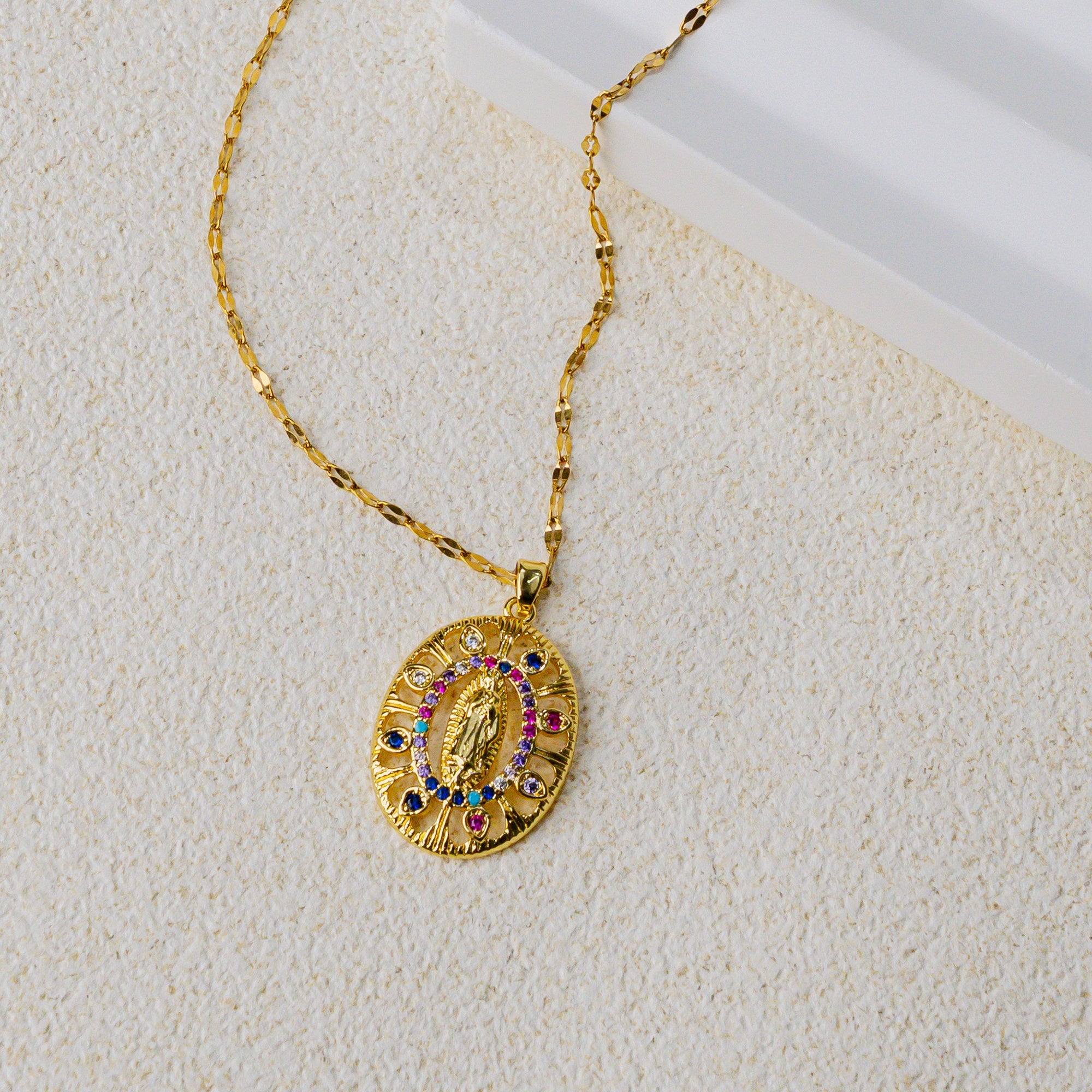Our Lady of Guadalupe Necklace – Gold-Toned Faith Pendant with Multicolor  Zircon