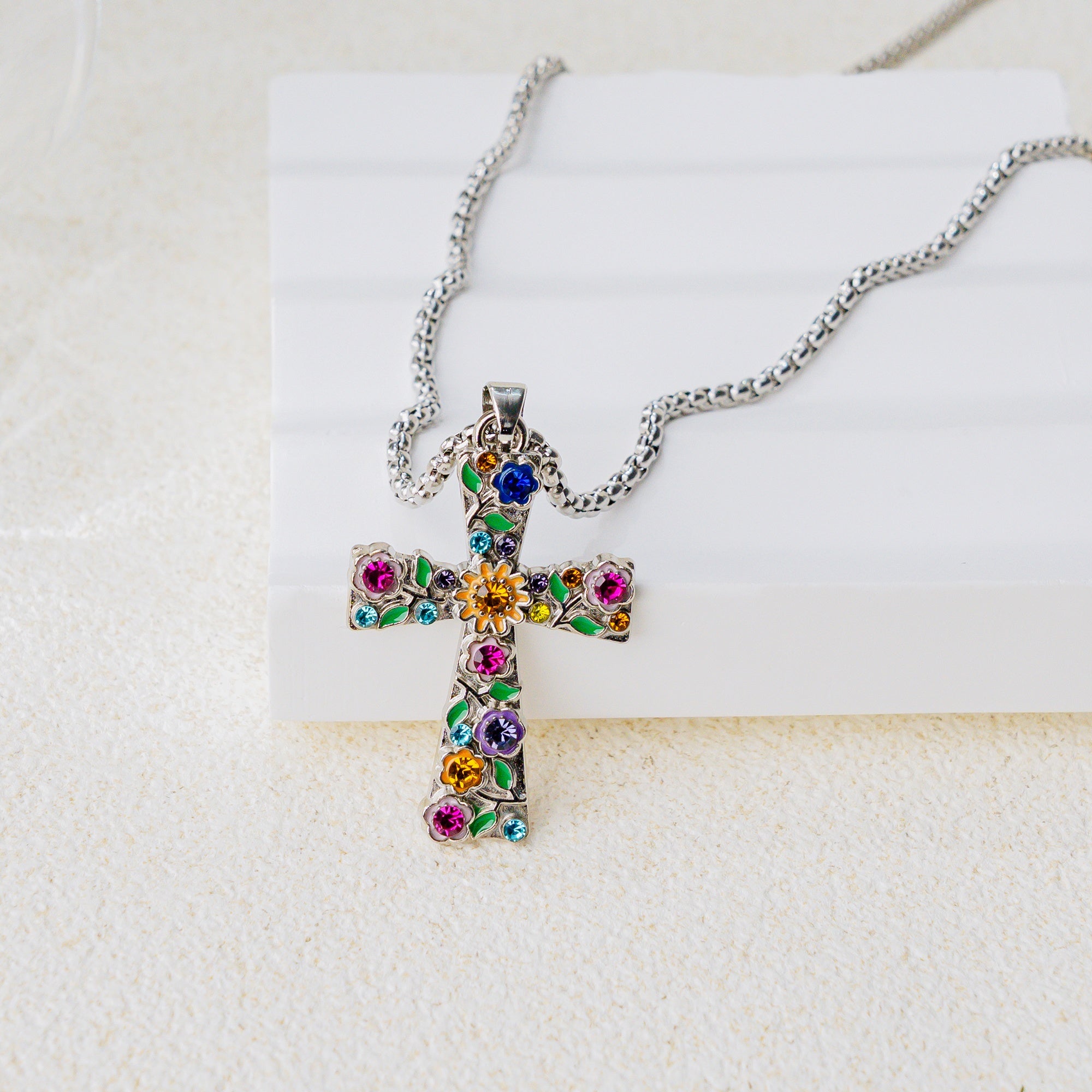Faith Blossom Cross Jewelry Set – Christian Vintage Floral Cross Necklace & Earrings