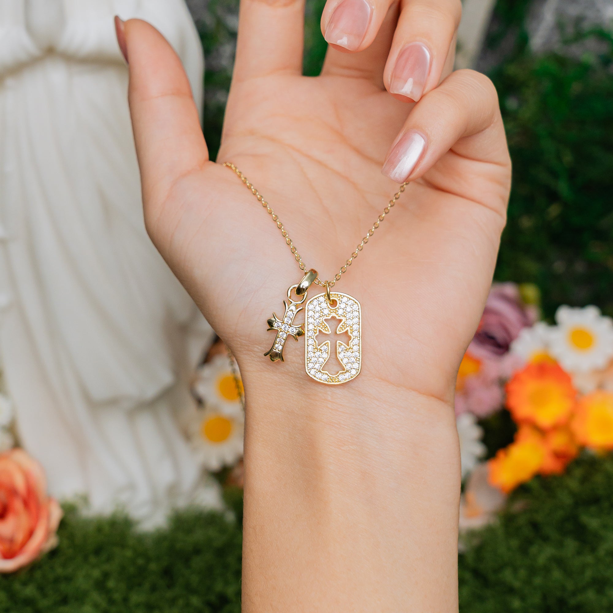 Double Cross Gold Necklace – Christian Faith Pendant with Sparkling Stones of Light & Grace