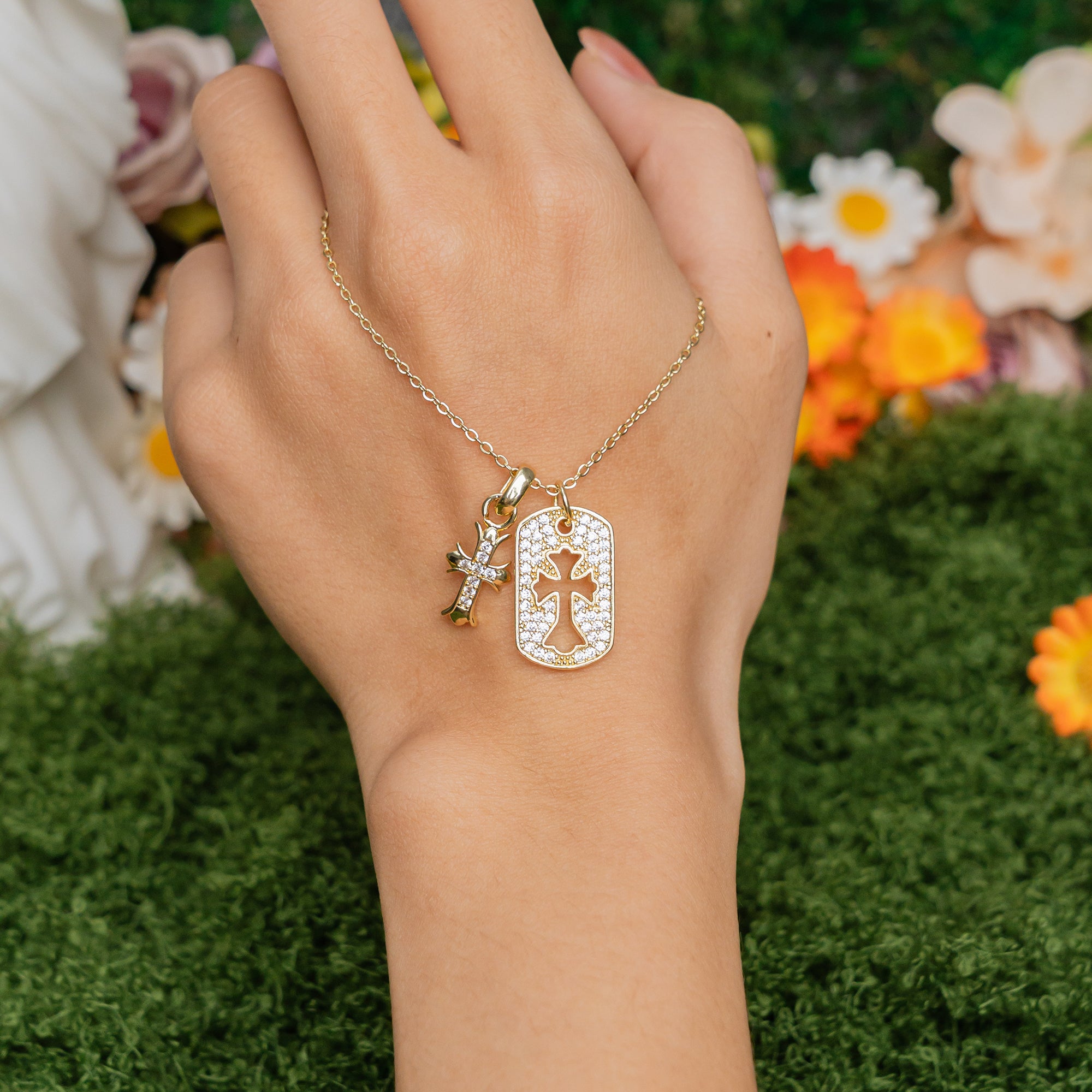 Double Cross Gold Necklace – Christian Faith Pendant with Sparkling Stones of Light & Grace