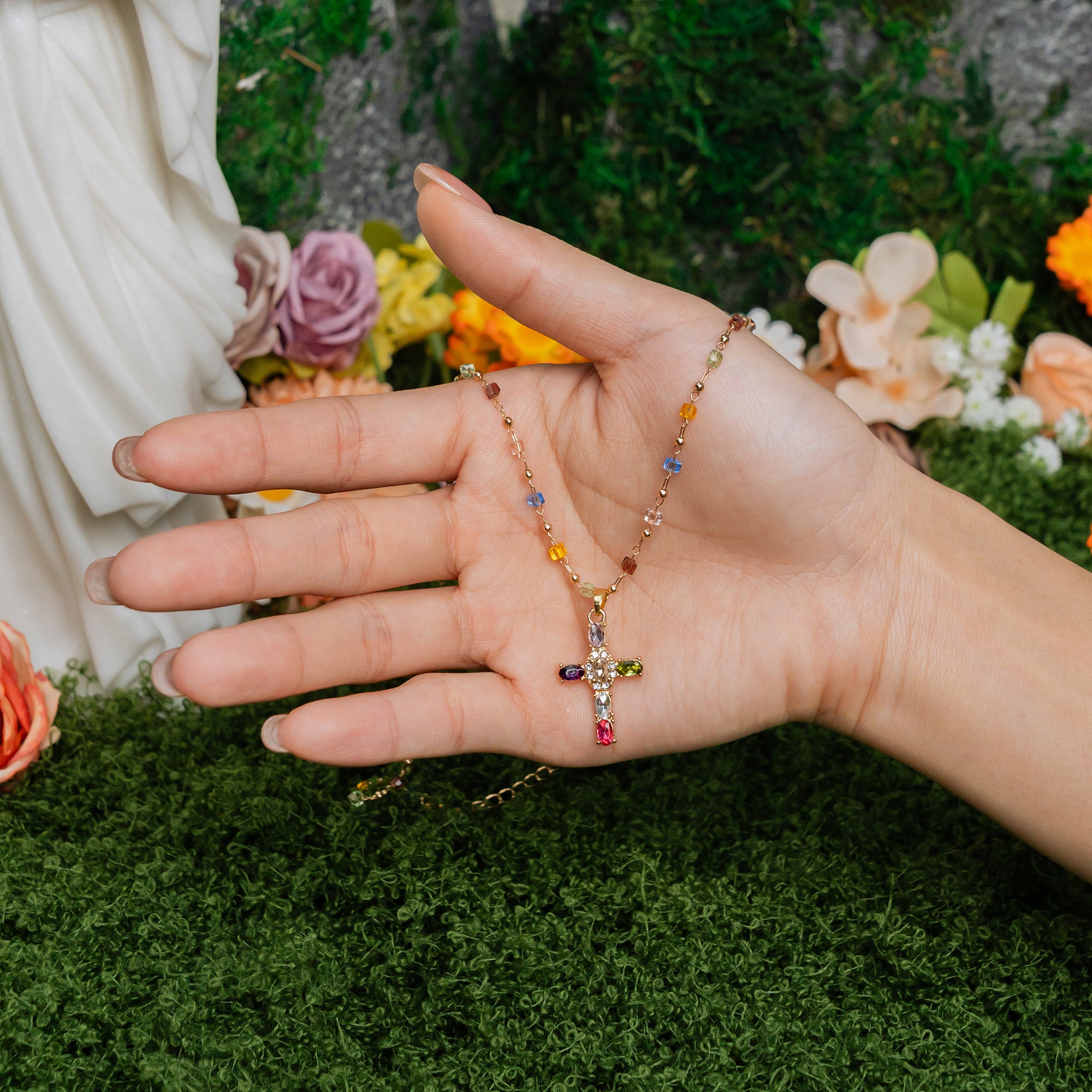 Radiant Cross Necklace – Gold & Multicolor Christian Faith Jewelry of Light & Grace