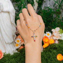 Radiant Cross Necklace – Gold & Multicolor Christian Faith Jewelry of Light & Grace