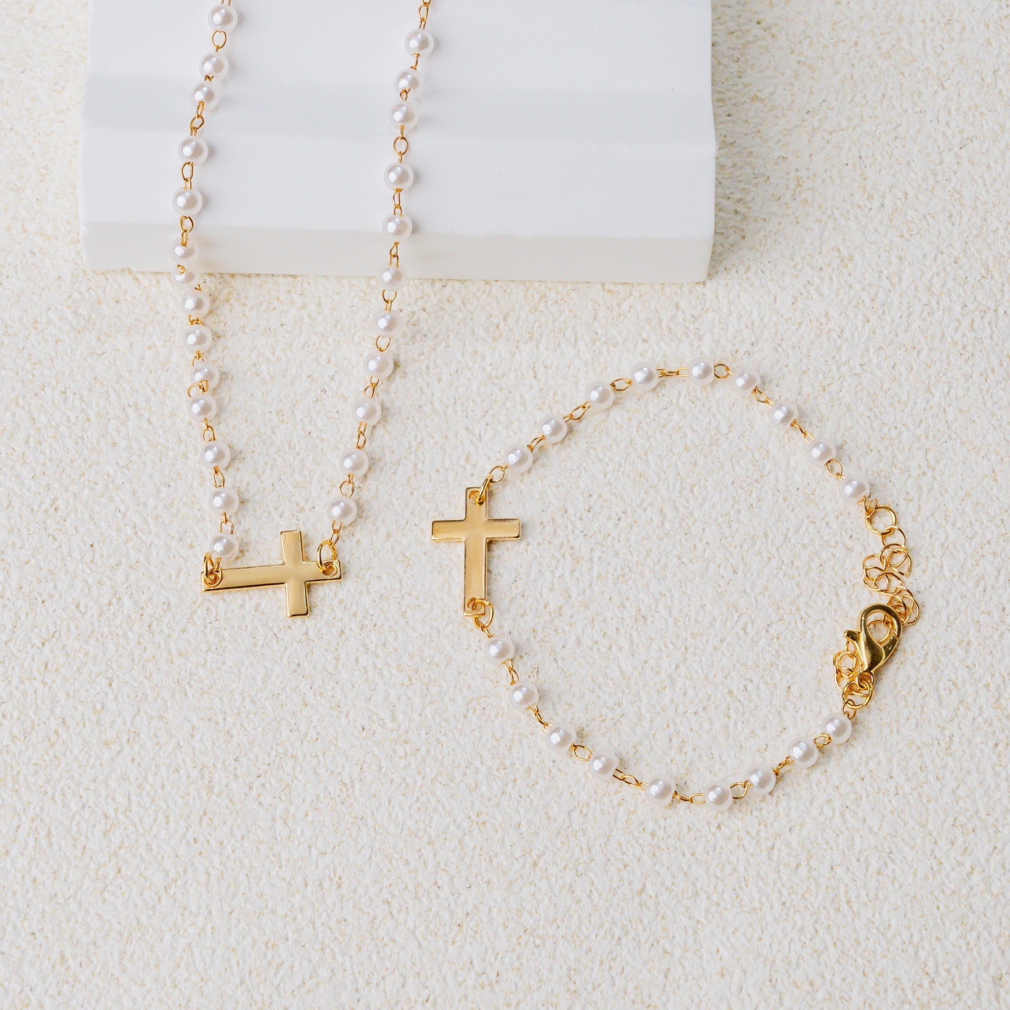 Pearl Cross Jewelry Set – Elegant Christian Faith Necklace & Bracelet