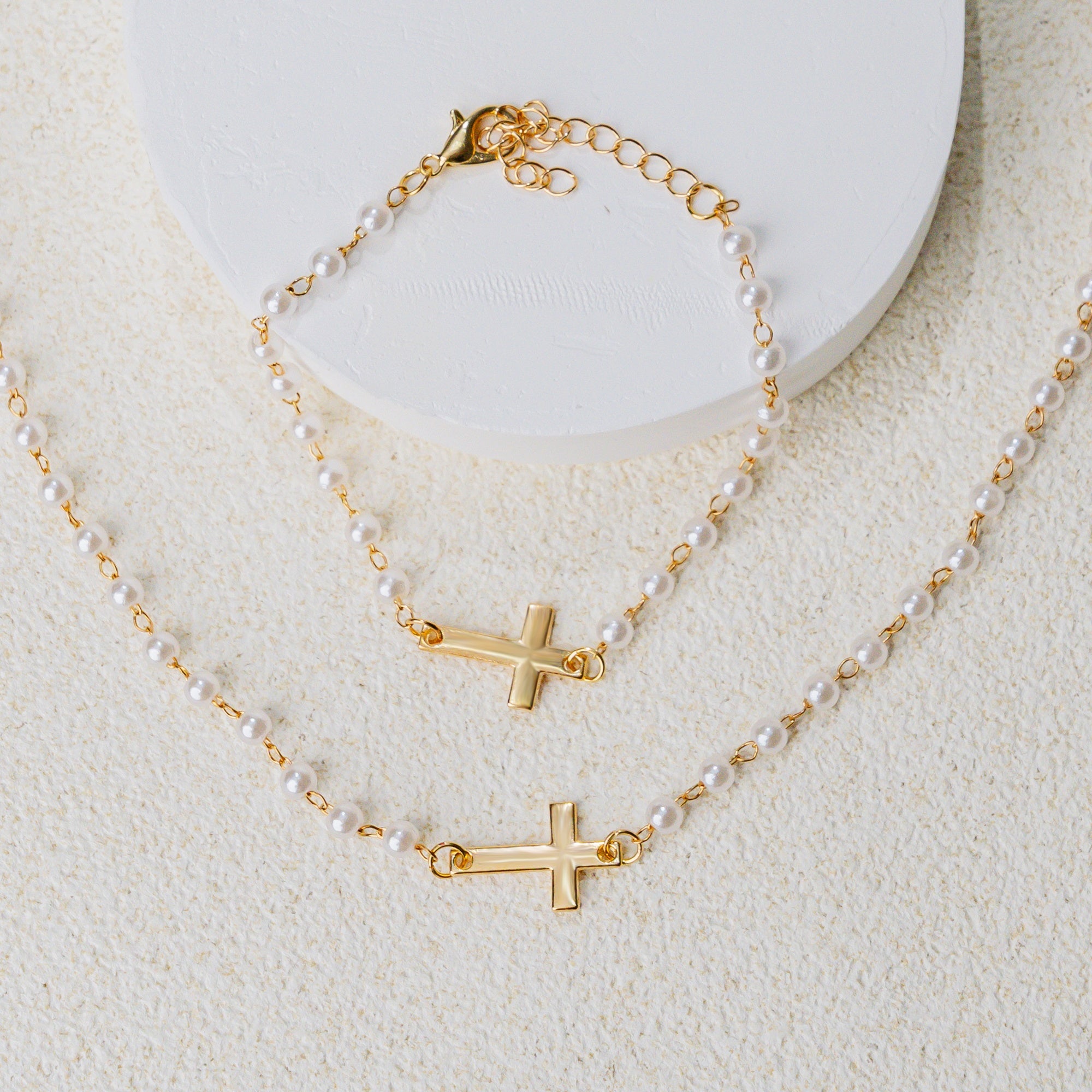 Pearl Cross Jewelry Set – Elegant Christian Faith Necklace & Bracelet