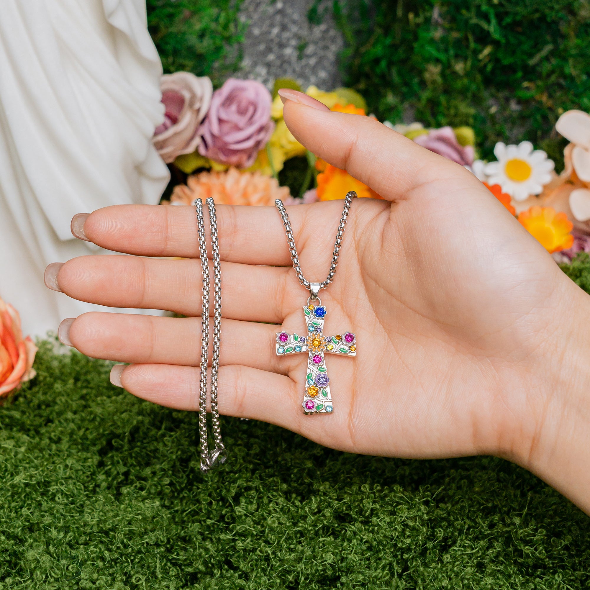 Faith Blossom Cross Jewelry Set – Christian Vintage Floral Cross Necklace & Earrings