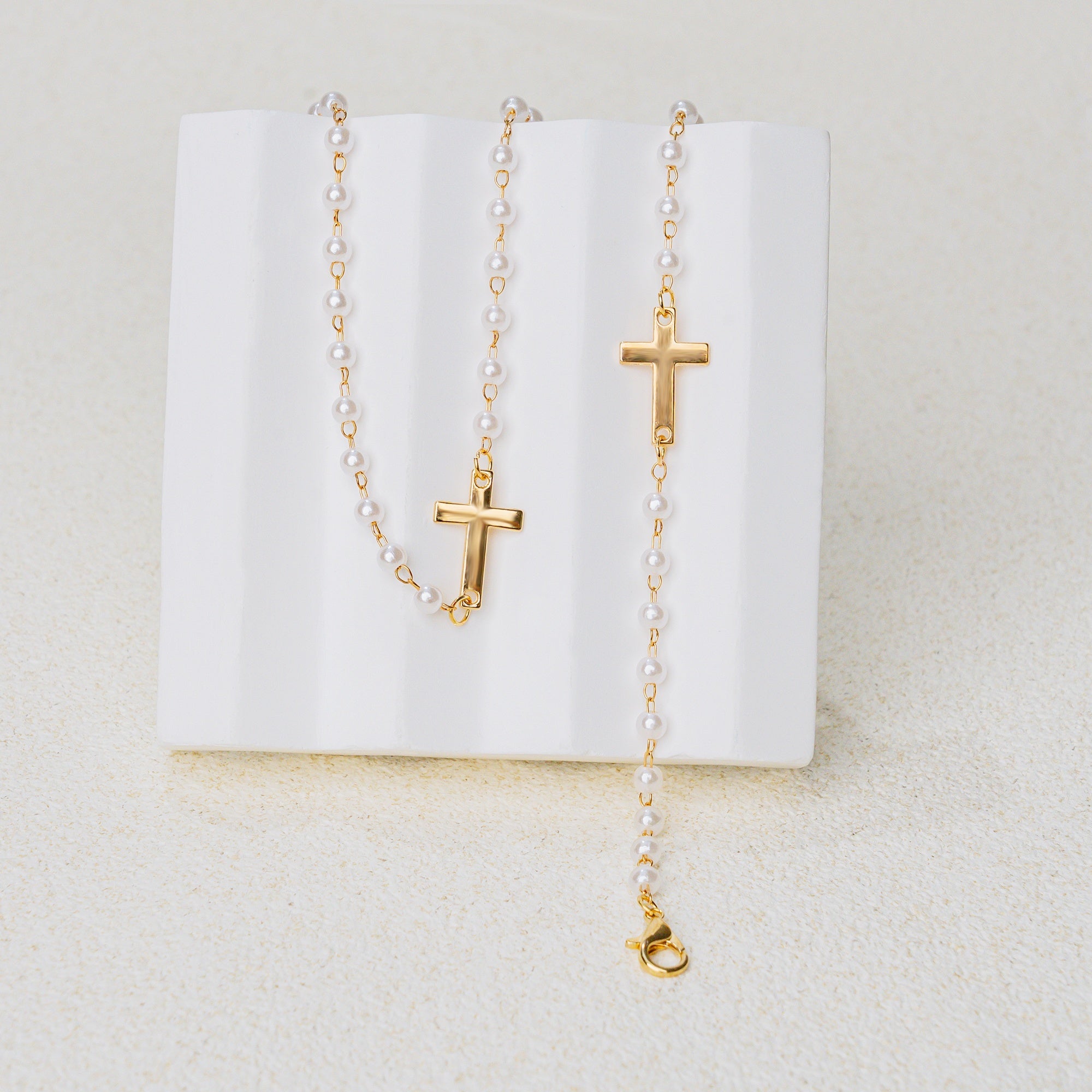 Pearl Cross Jewelry Set – Elegant Christian Faith Necklace & Bracelet