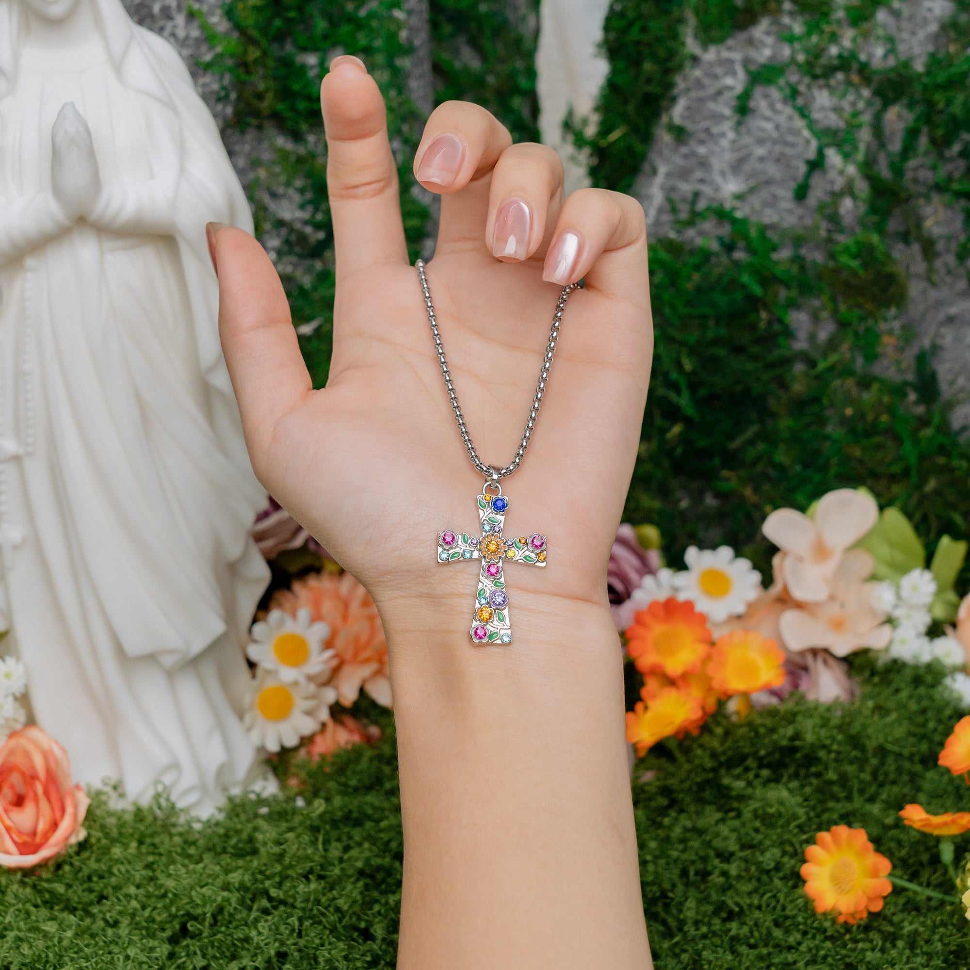 Faith Blossom Cross Jewelry Set – Christian Vintage Floral Cross Necklace & Earrings