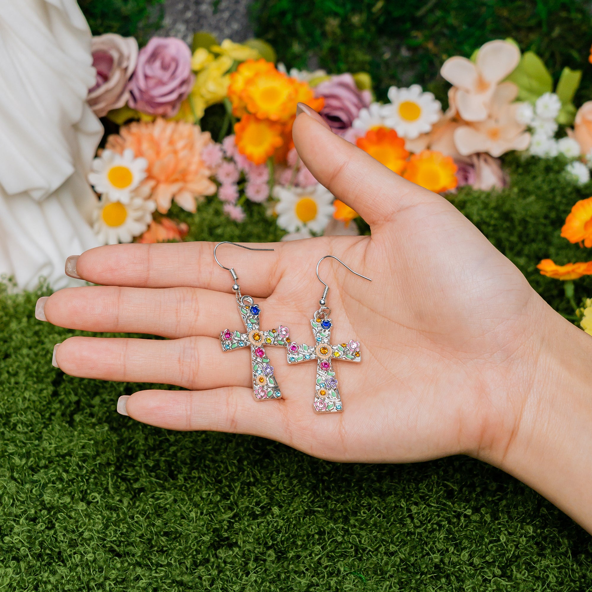 Faith Blossom Cross Jewelry Set – Christian Vintage Floral Cross Necklace & Earrings