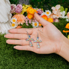Faith Blossom Cross Jewelry Set – Christian Vintage Floral Cross Necklace & Earrings