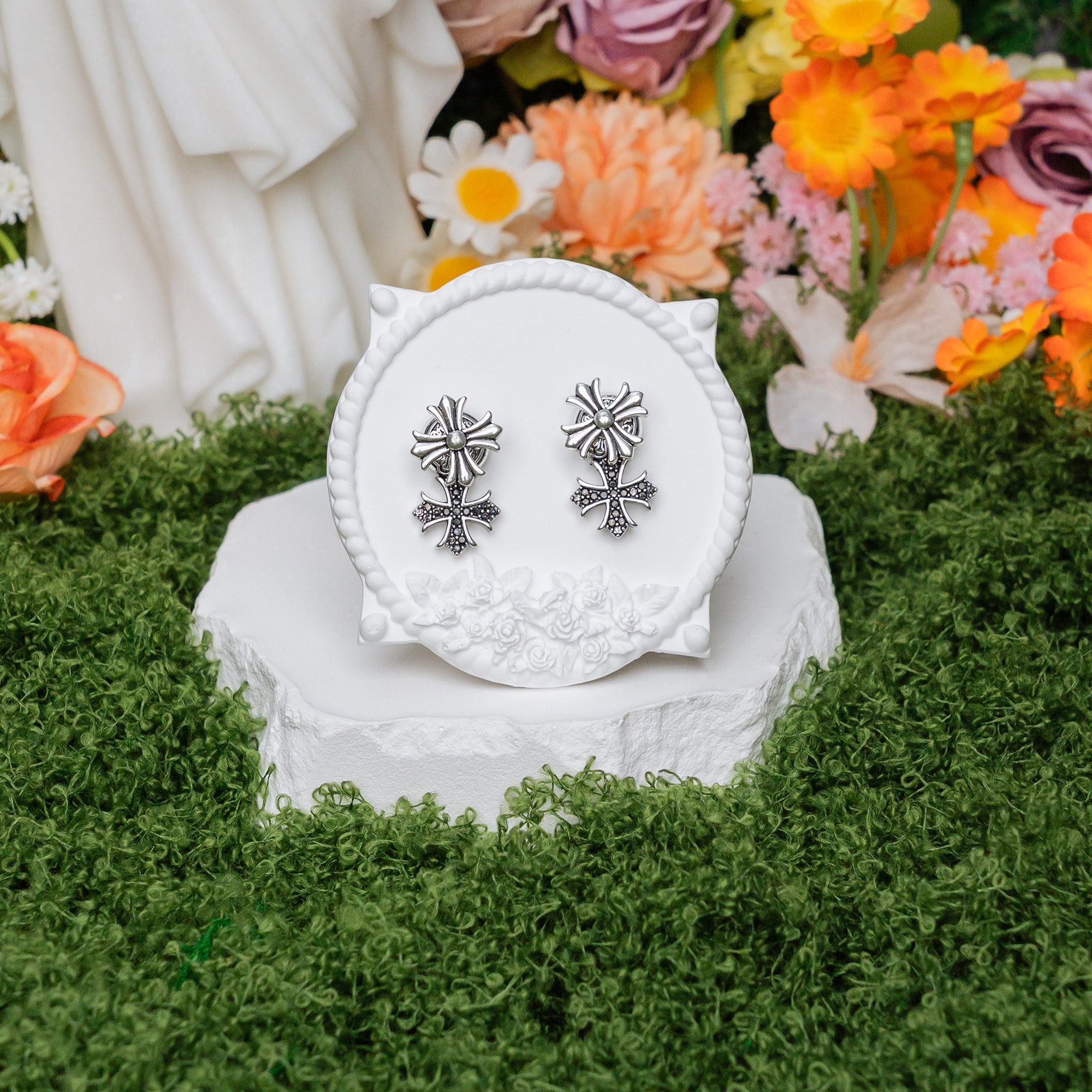 Grace Bloom Cross Earrings – Layered Christian Floral Cross Studs