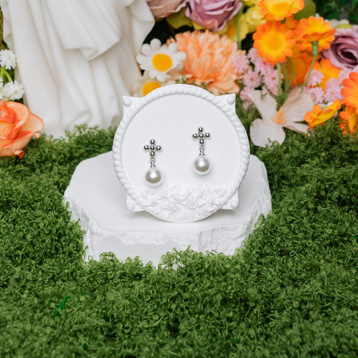 Divine Pearl Cross Earrings – Elegant Christian Drop Earrings of Grace
