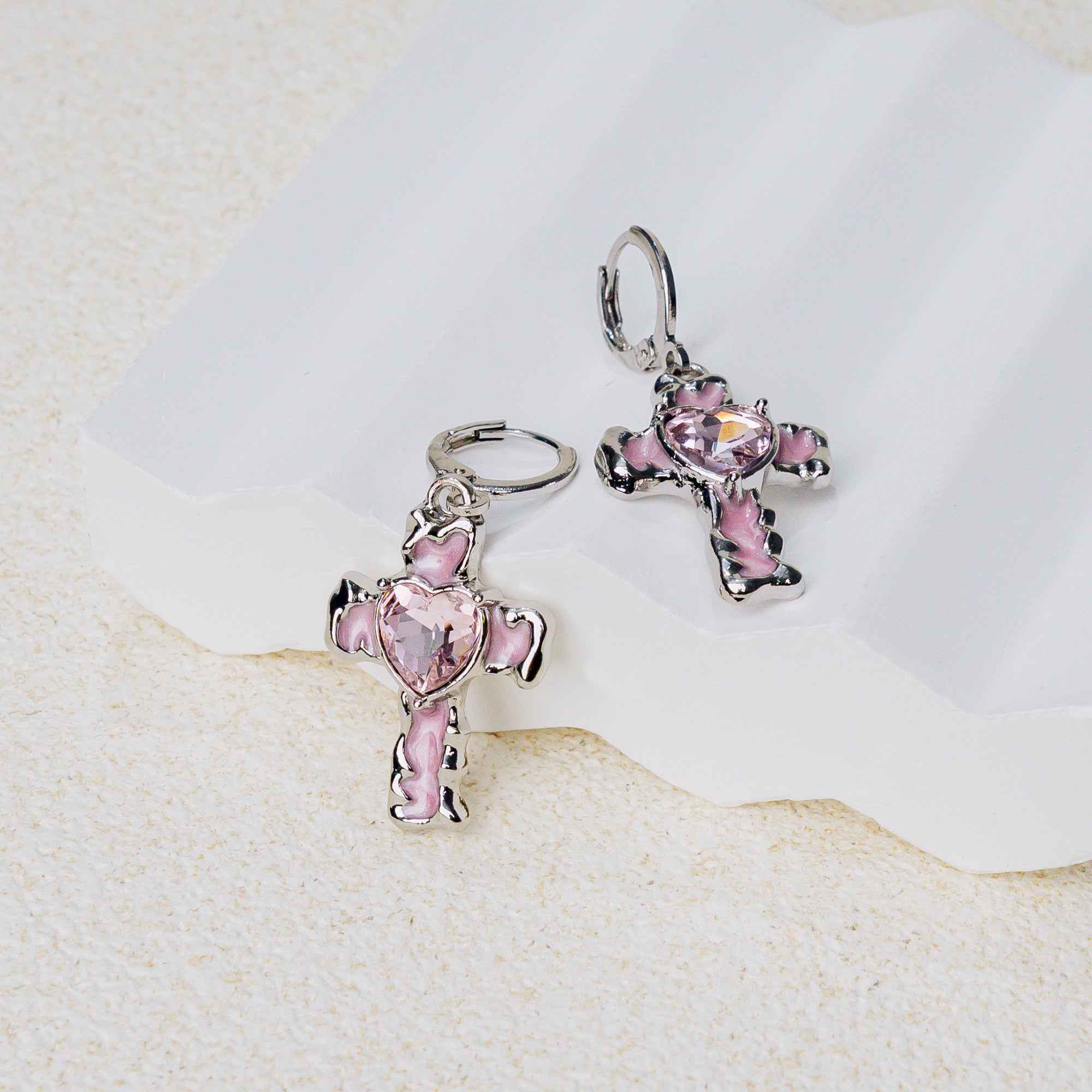 Heart of Faith Cross Hoop Earrings – Christian Pink Heart Drop Earrings