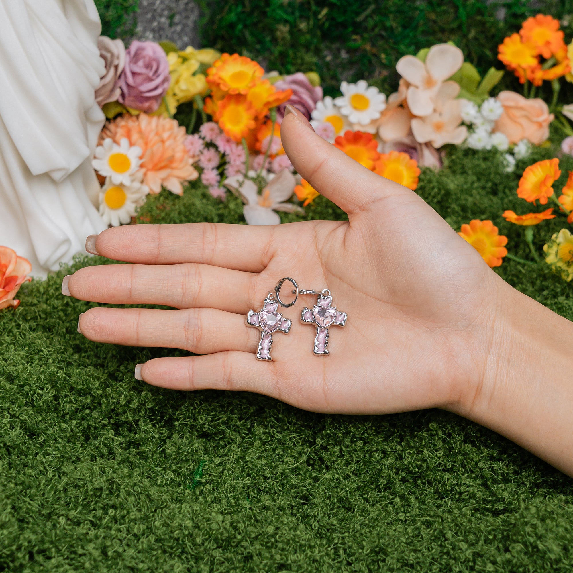 Heart of Faith Cross Hoop Earrings – Christian Pink Heart Drop Earrings