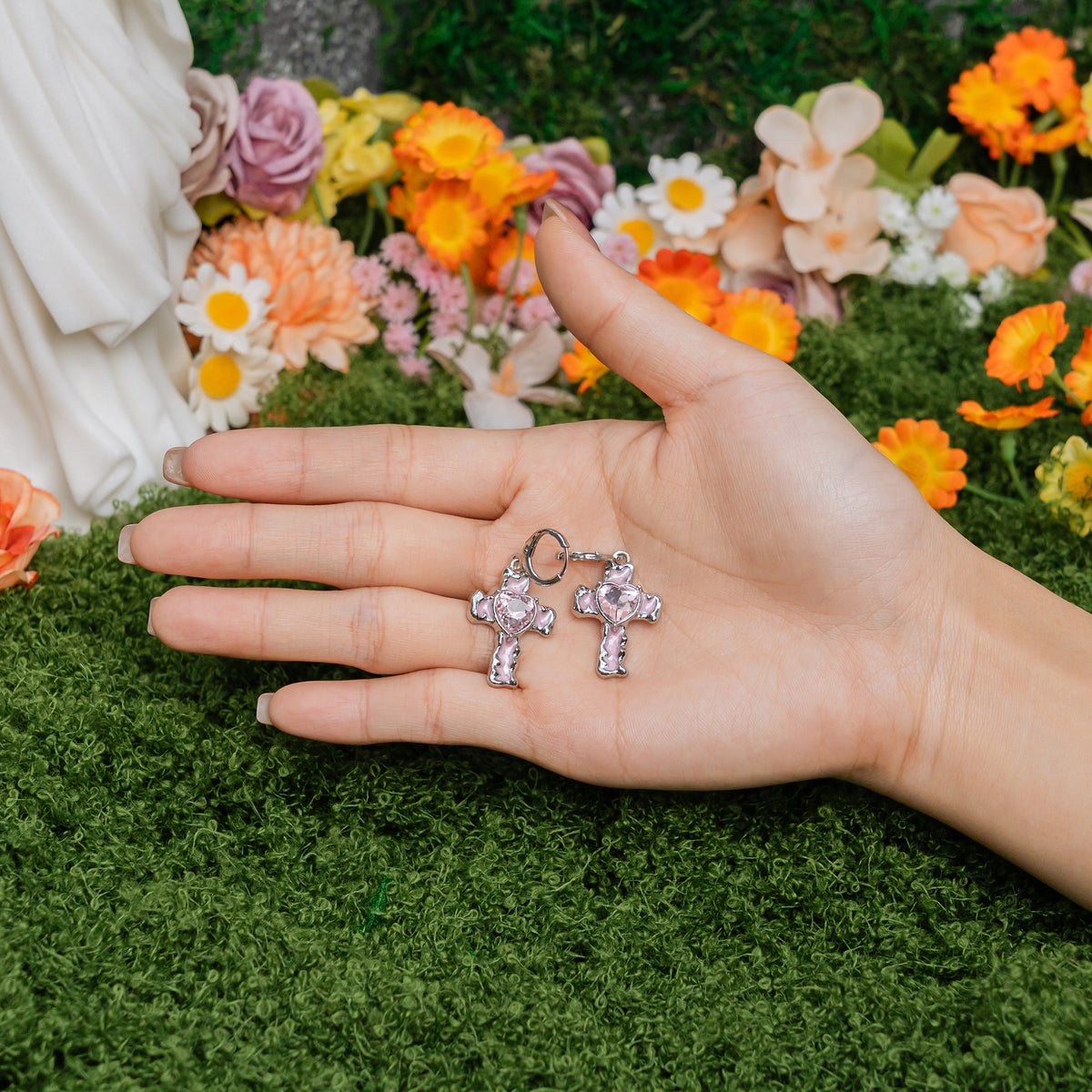 Heart of Faith Cross Hoop Earrings – Christian Pink Heart Drop Earrings