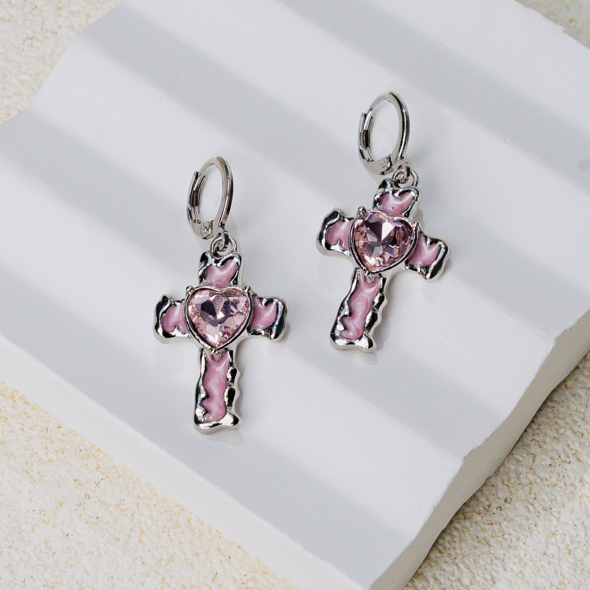 Heart of Faith Cross Hoop Earrings – Christian Pink Heart Drop Earrings
