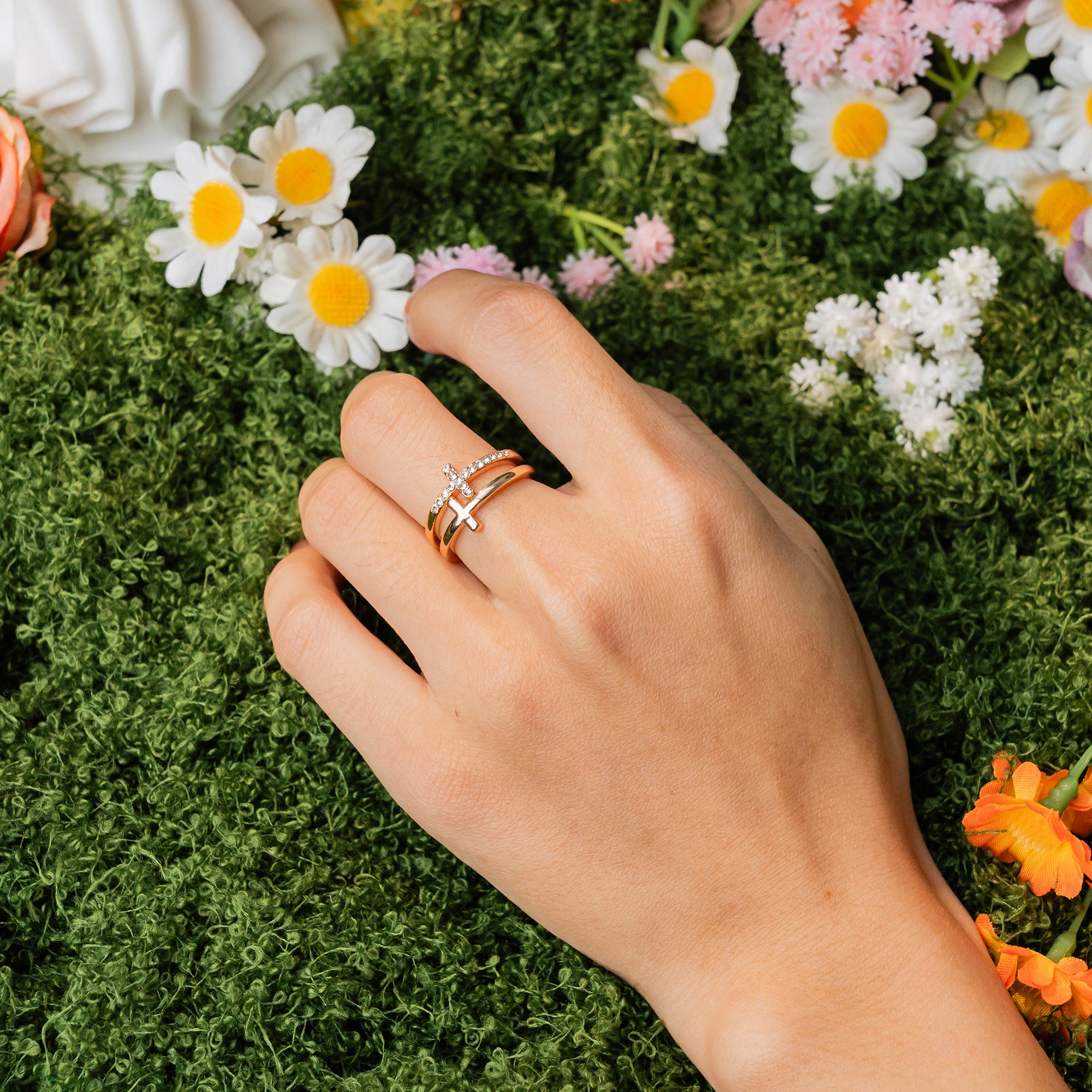 Faith & Grace Cross Ring Set – Gold-Tone Double Band Christian Jewelry