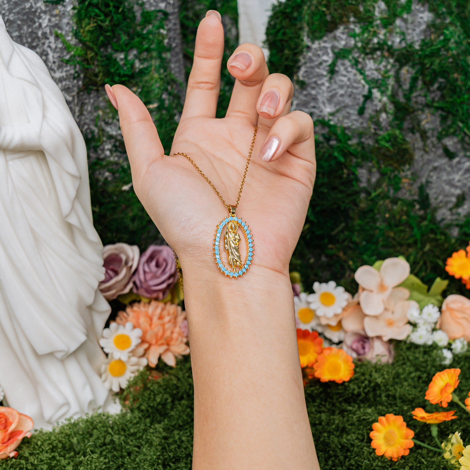 Turquoise Saint Pendant Necklace – Oval & Rectangle Holy Icon Designs