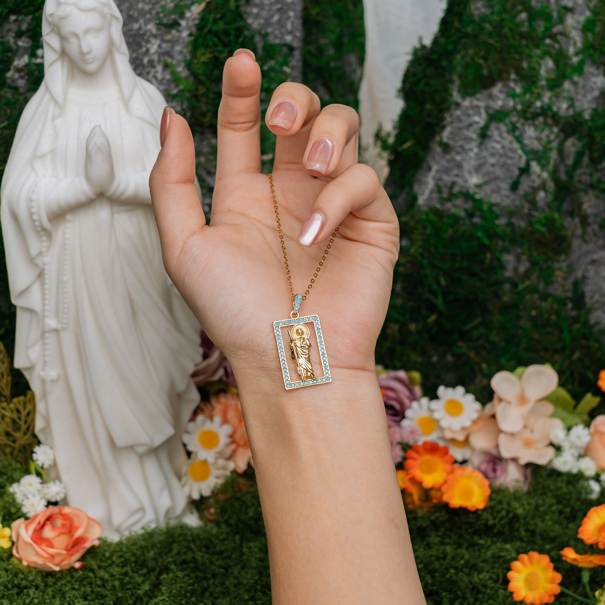 Turquoise Saint Pendant Necklace – Oval & Rectangle Holy Icon Designs