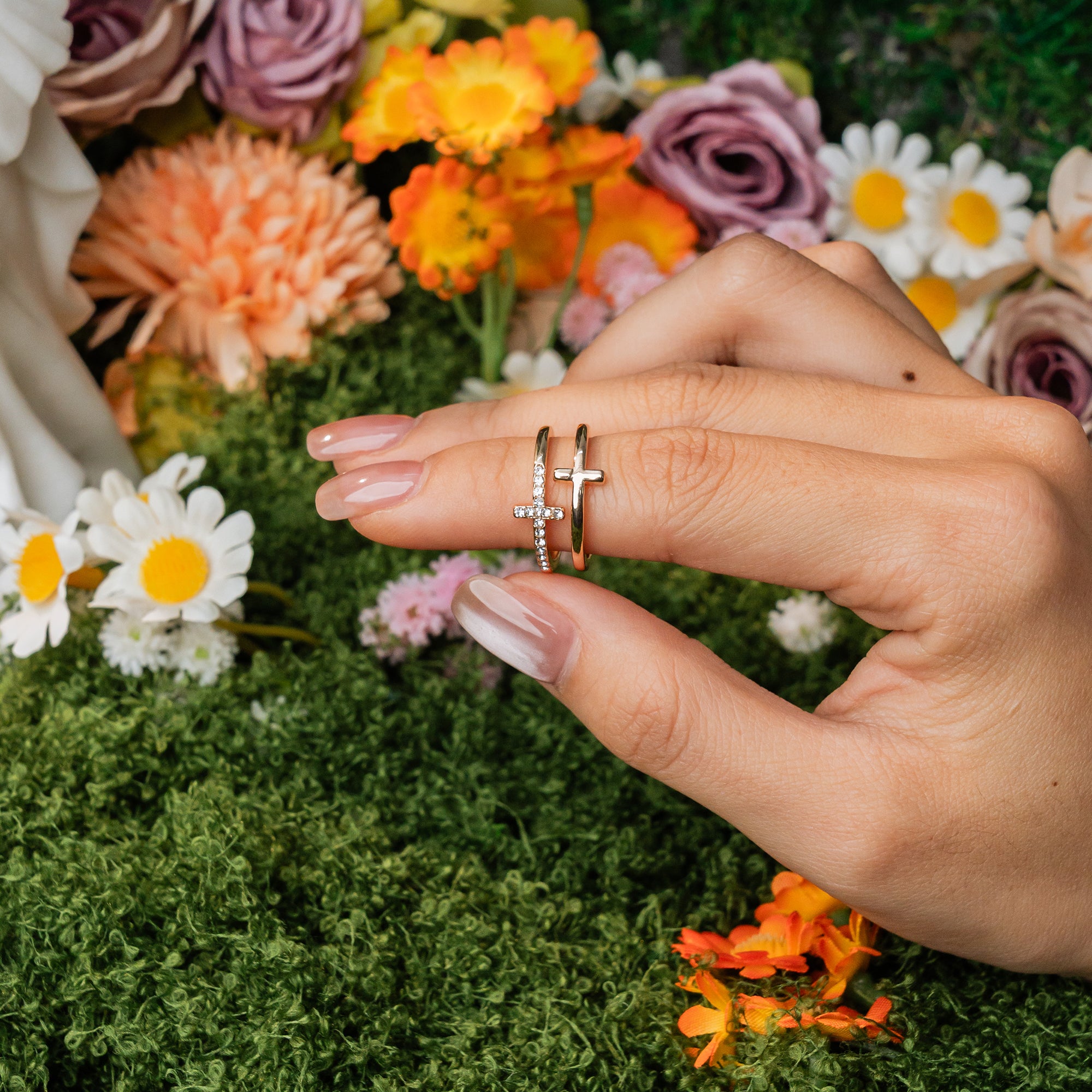 Faith & Grace Cross Ring Set – Gold-Tone Double Band Christian Jewelry