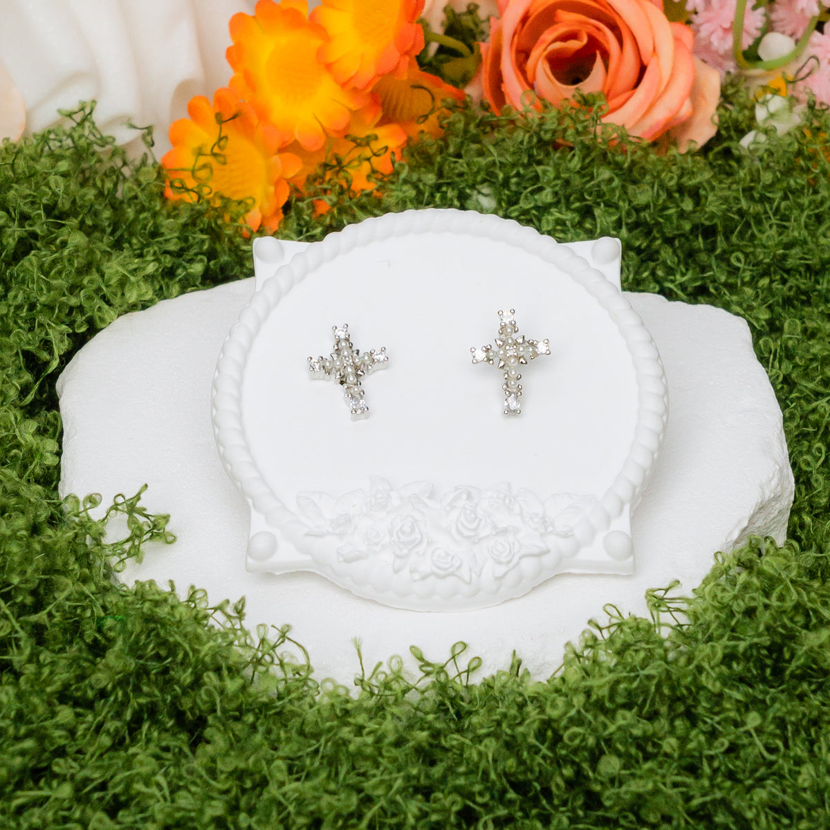 Faith & Pearl Cross Earrings – Silver Glow Christian Studs