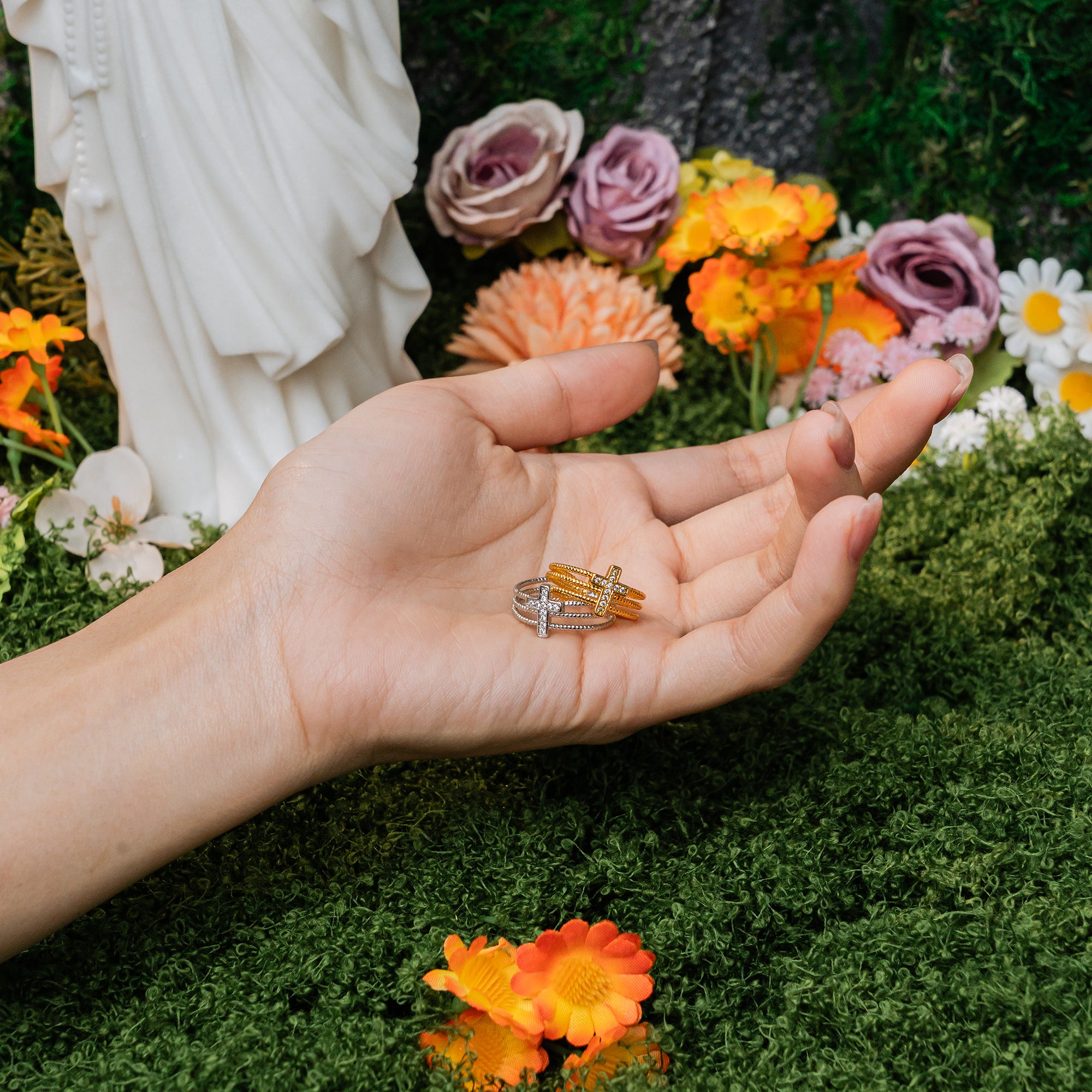 Double Cross Faith Ring – Adjustable Stacking Band of Light & Grace