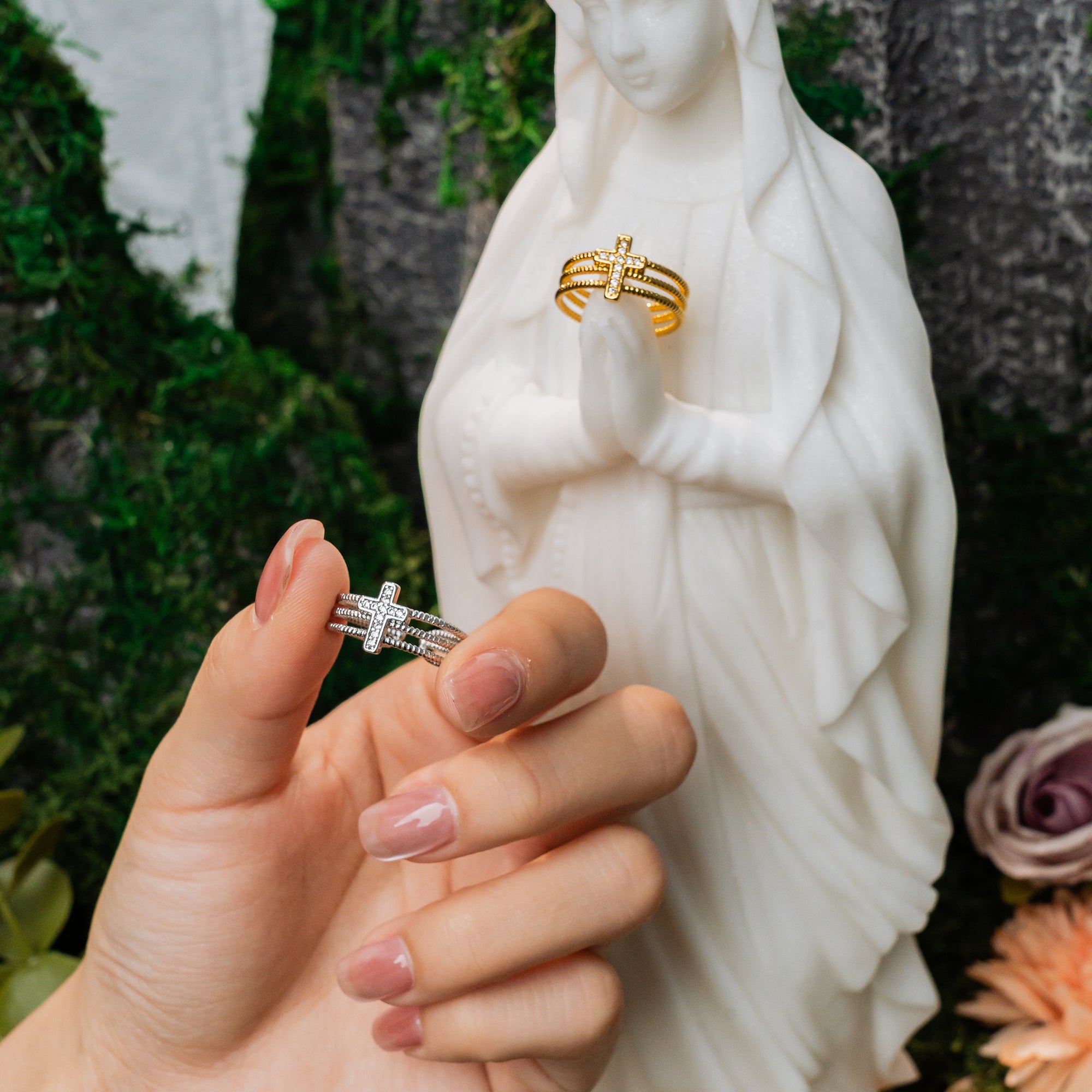 Double Cross Faith Ring – Adjustable Stacking Band of Light & Grace