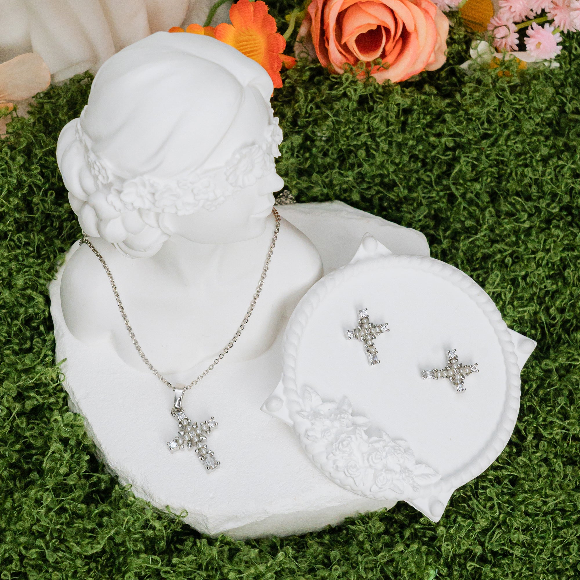 Faith & Pearl Cross Earrings – Silver Glow Christian Studs