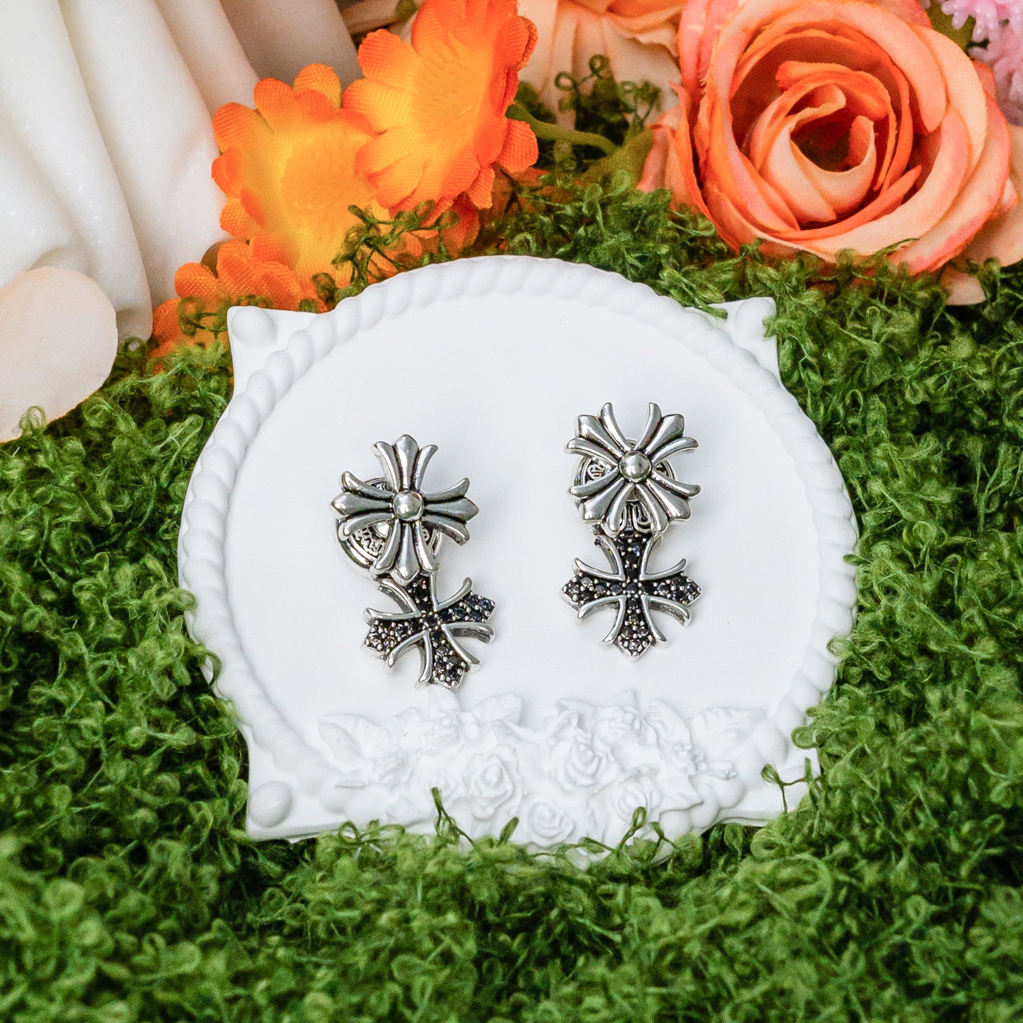 Grace Bloom Cross Earrings – Layered Christian Floral Cross Studs