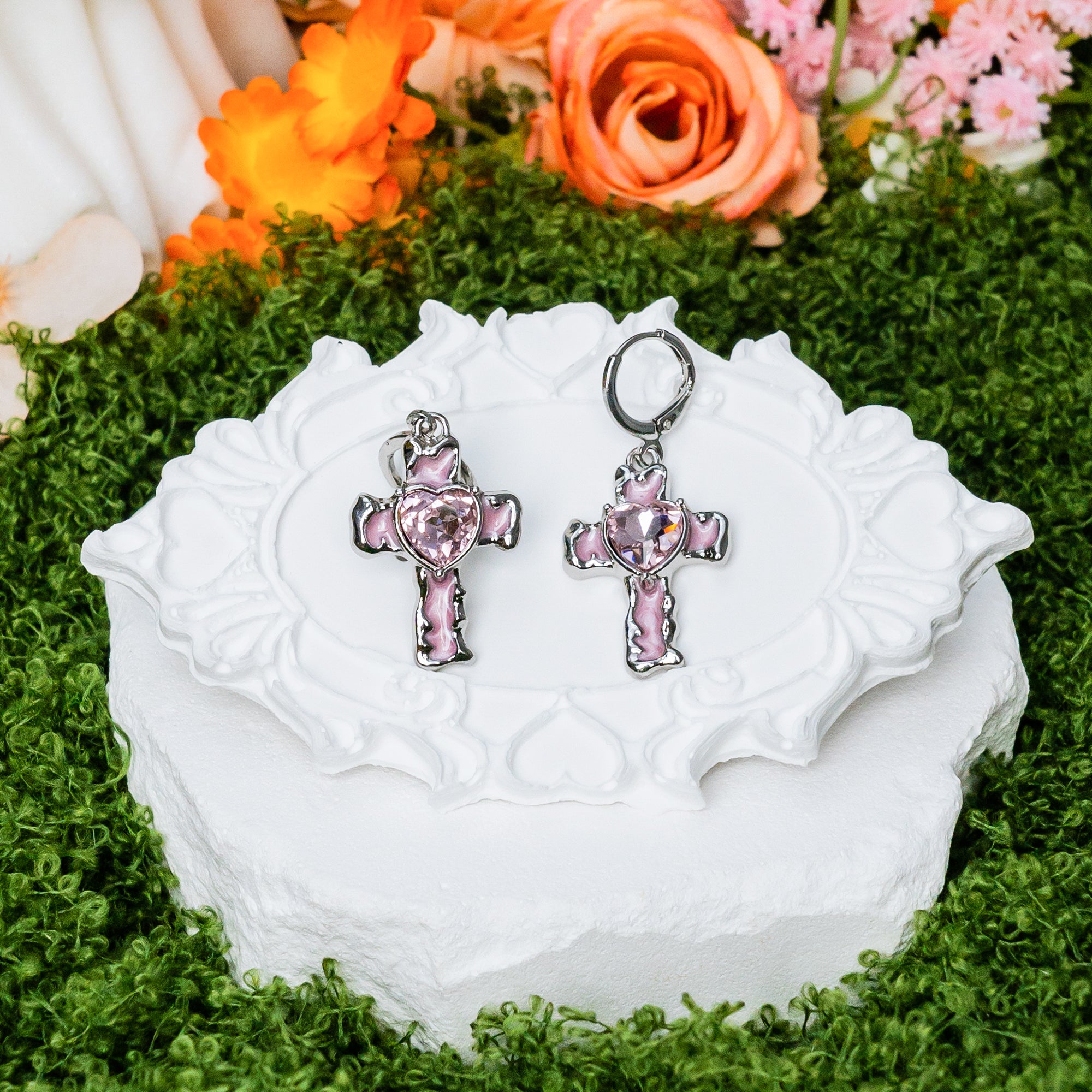 Heart of Faith Cross Hoop Earrings – Christian Pink Heart Drop Earrings