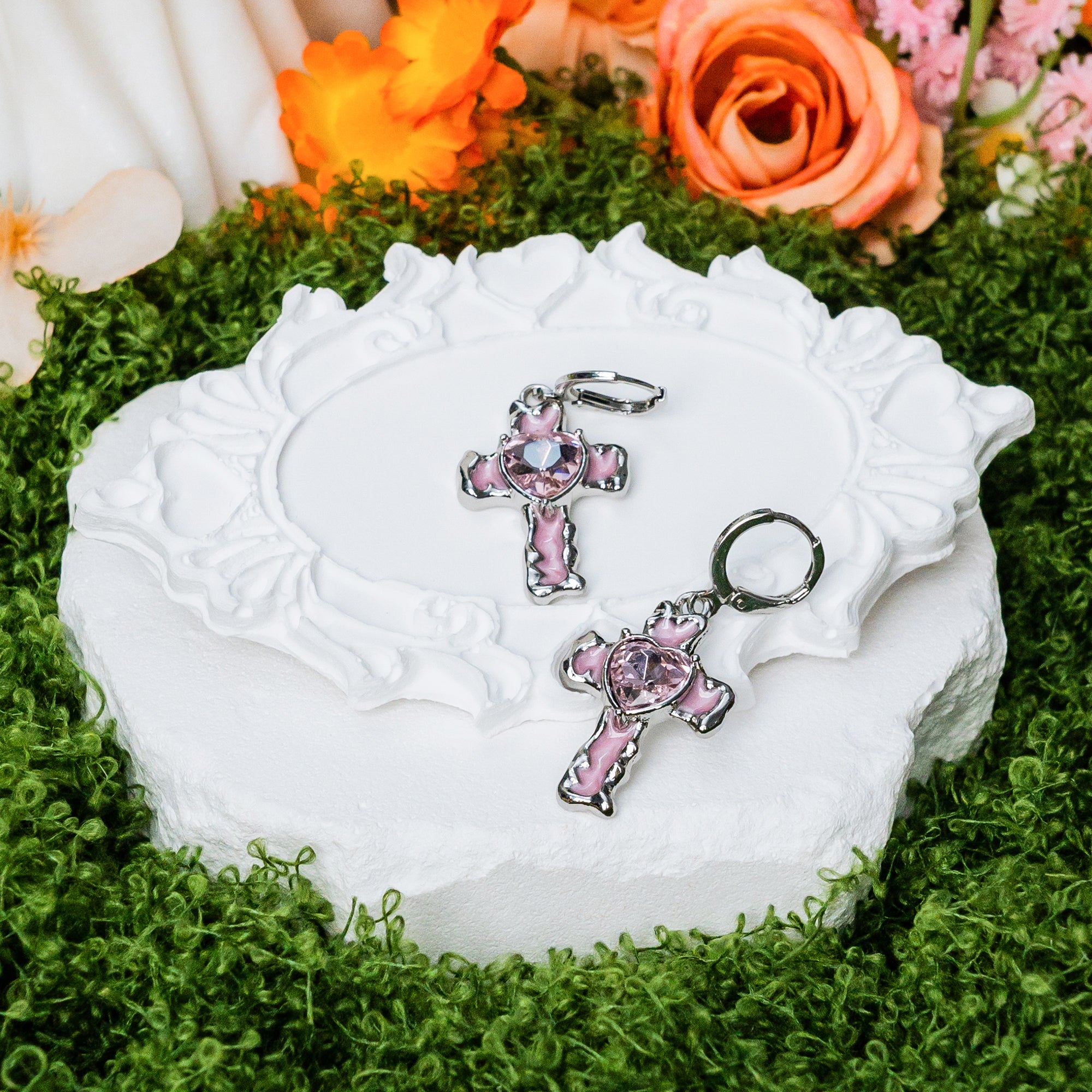 Heart of Faith Cross Hoop Earrings – Christian Pink Heart Drop Earrings