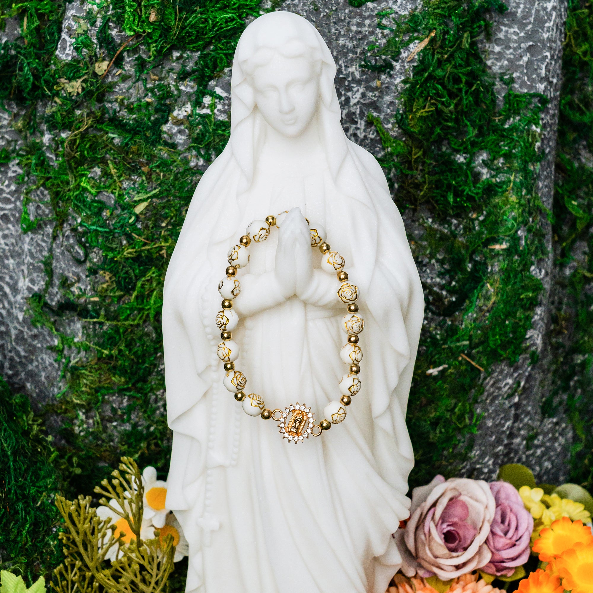 Virgin Mary Cross Beaded Bracelet  White & Gold Faith Jewelry