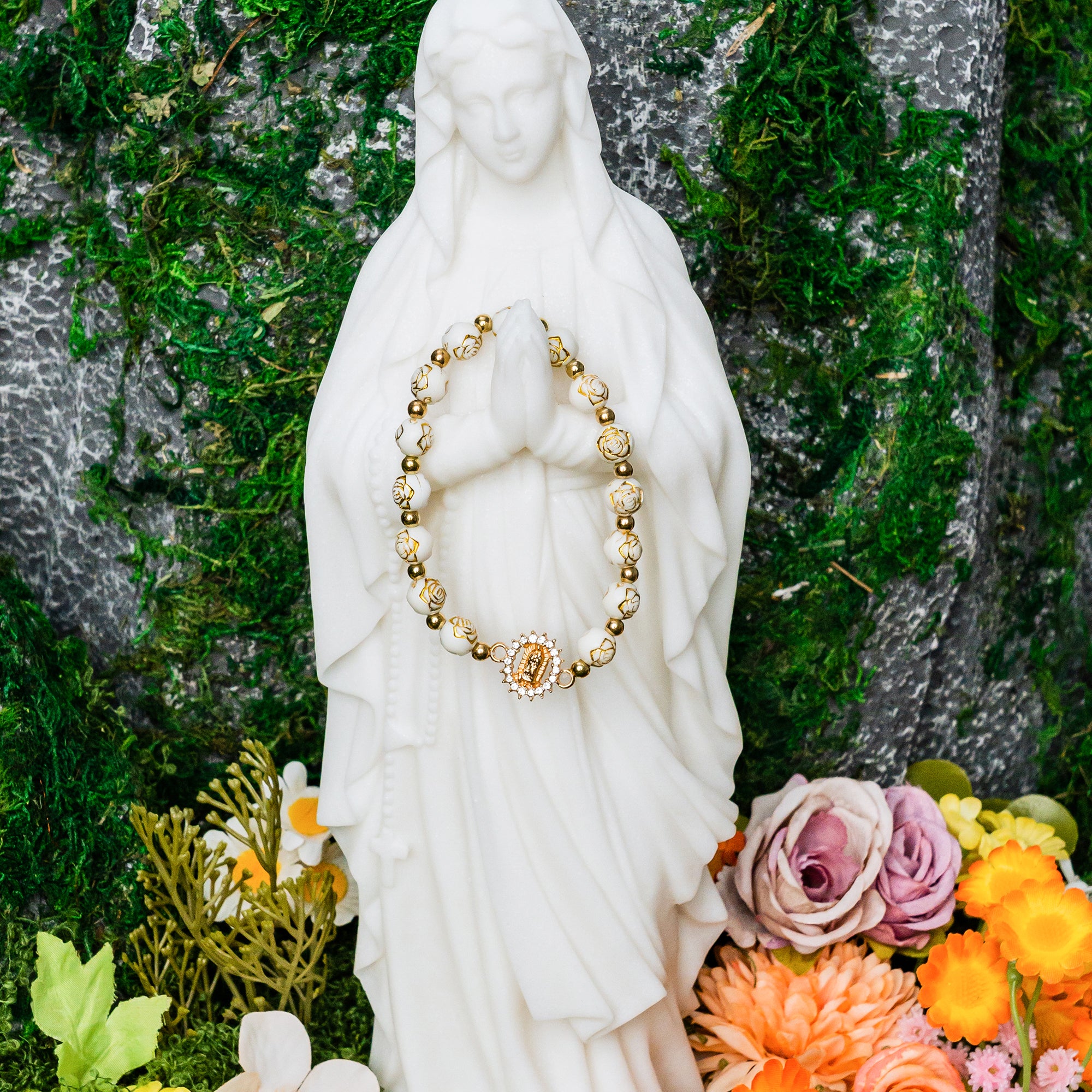 Virgin Mary Cross Beaded Bracelet  White & Gold Faith Jewelry