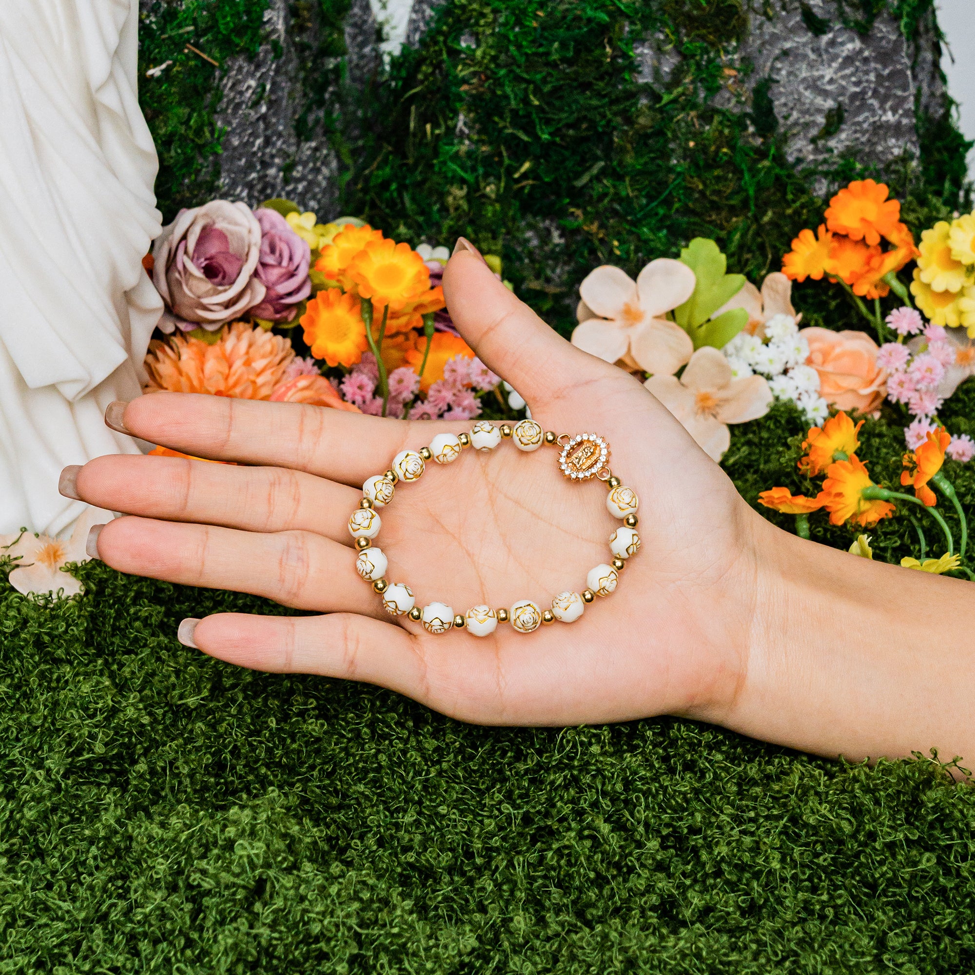 Virgin Mary Cross Beaded Bracelet  White & Gold Faith Jewelry