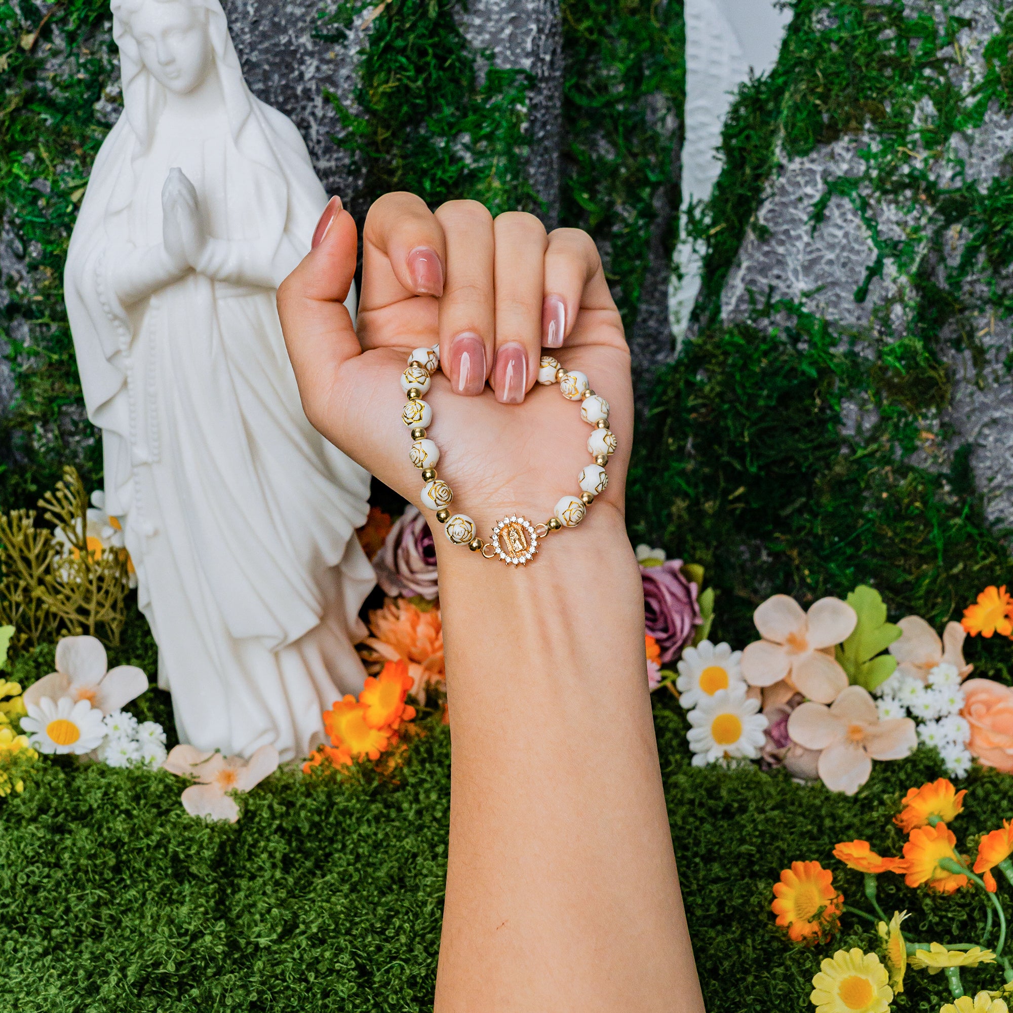 Virgin Mary Cross Beaded Bracelet  White & Gold Faith Jewelry