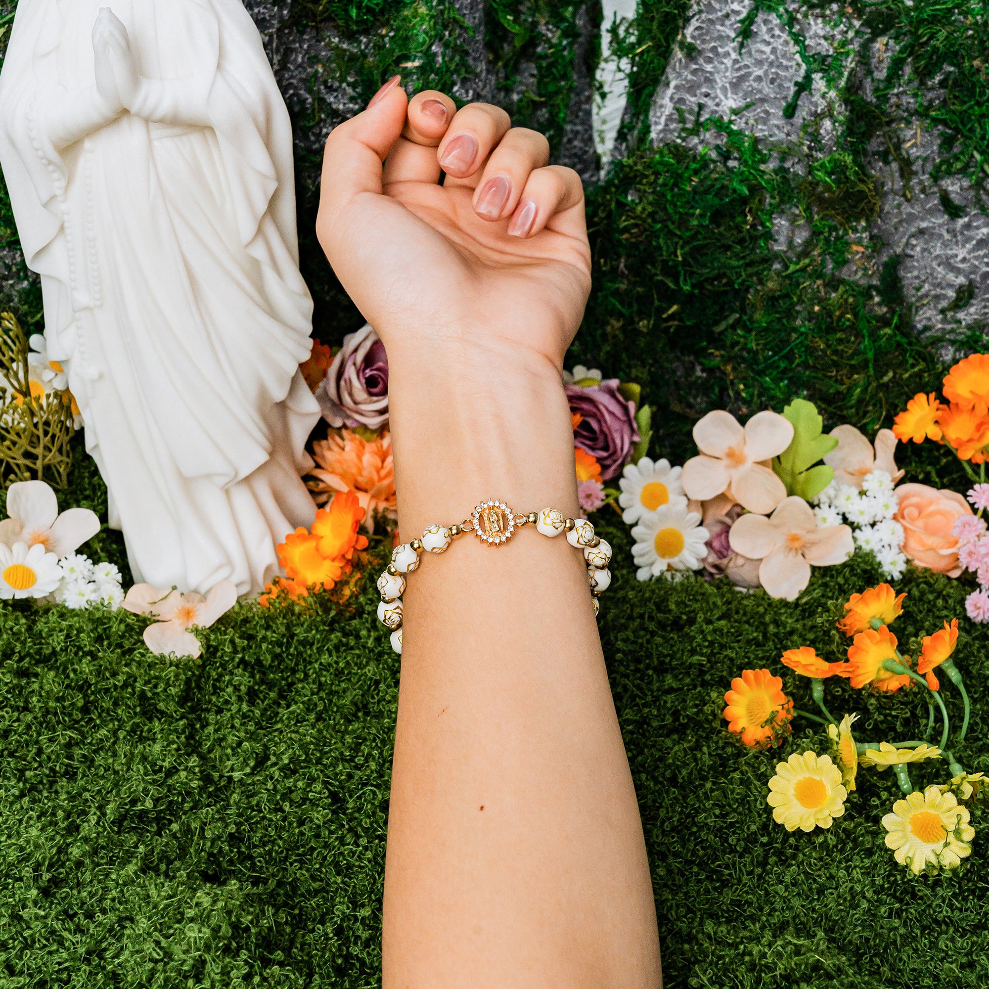Virgin Mary Cross Beaded Bracelet  White & Gold Faith Jewelry