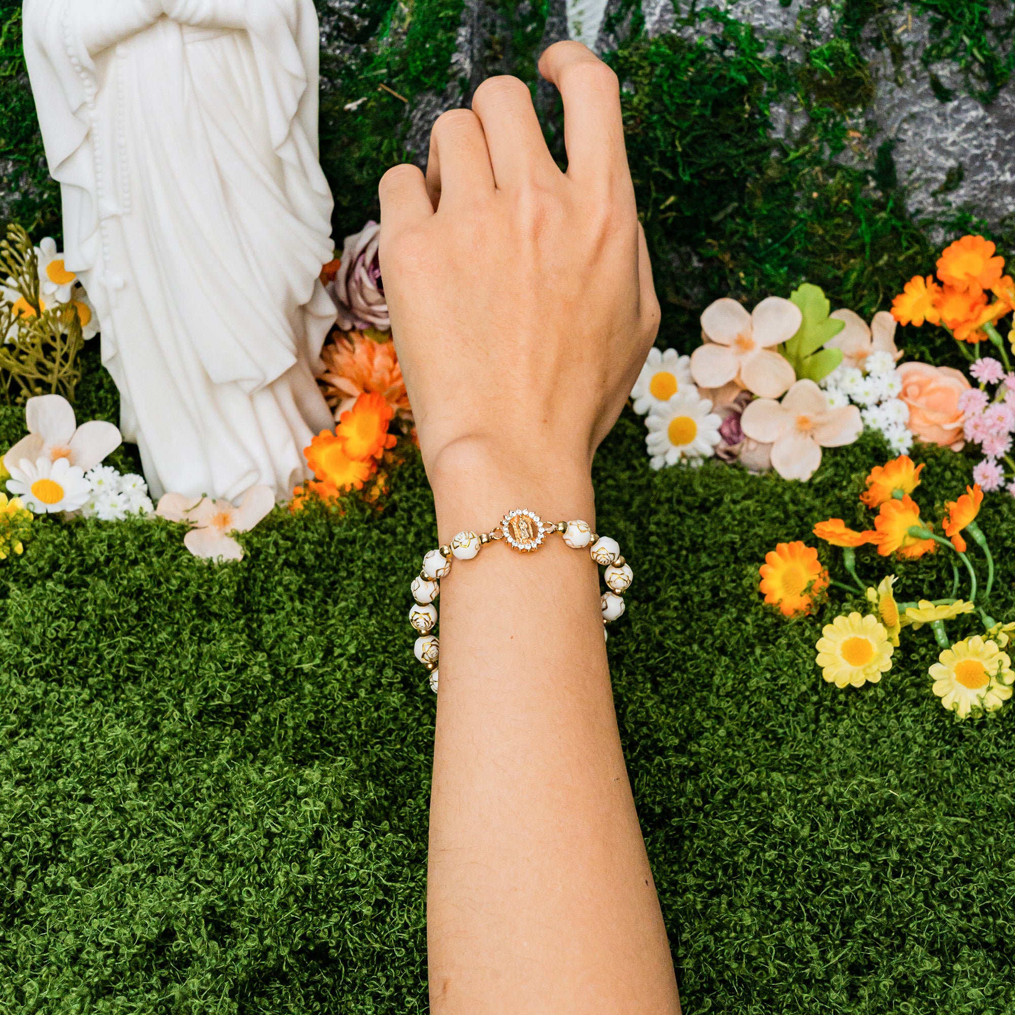 Virgin Mary Cross Beaded Bracelet  White & Gold Faith Jewelry