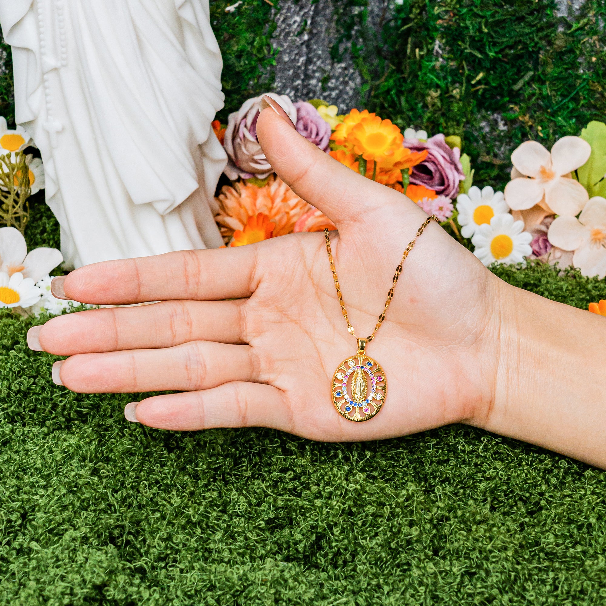 Our Lady of Guadalupe Necklace – Gold-Toned Faith Pendant with Multicolor  Zircon