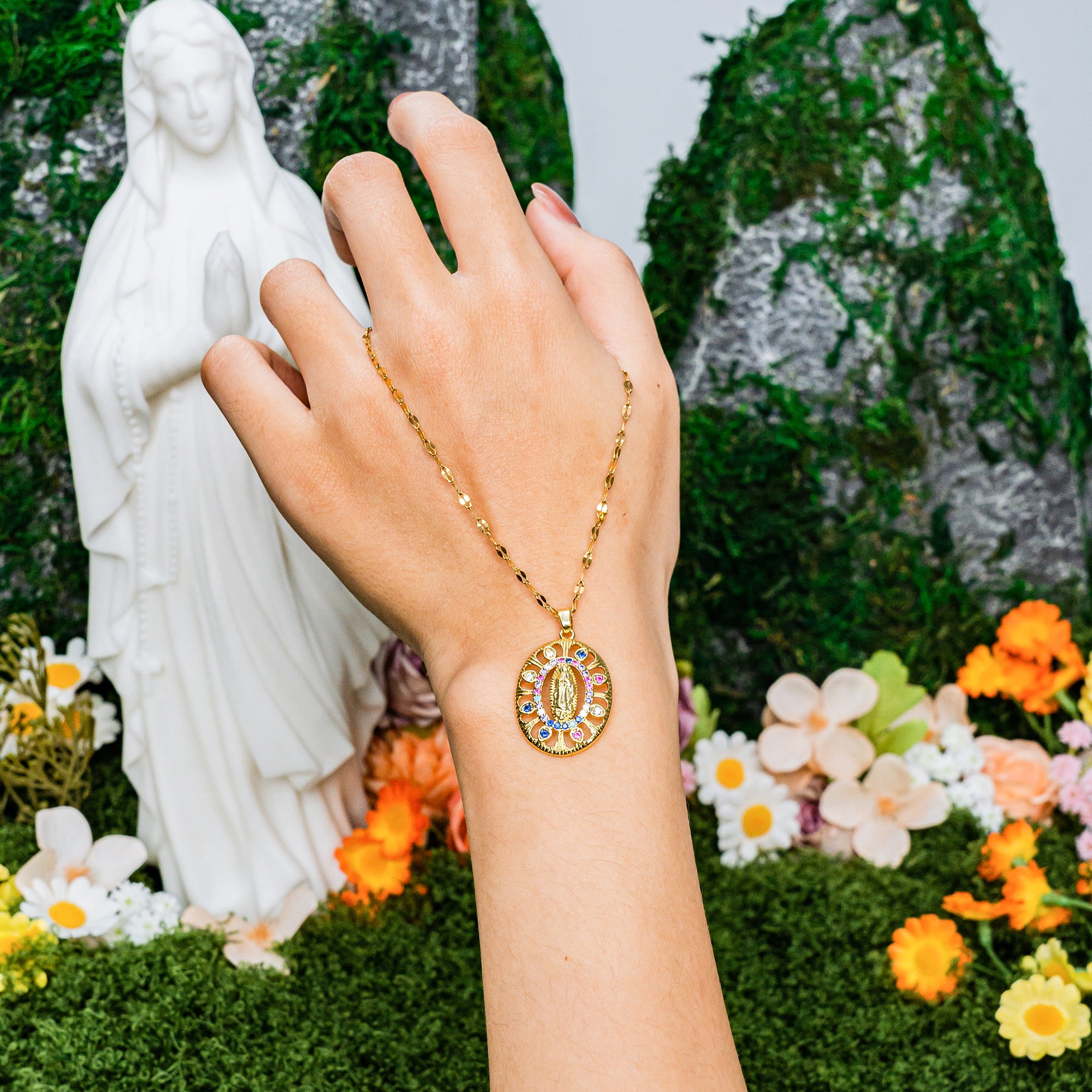 Our Lady of Guadalupe Necklace – Gold-Toned Faith Pendant with Multicolor  Zircon