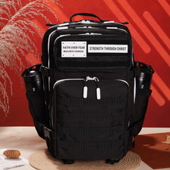 Faith-Inspired EDC Performance Backpack 45L - Black White Accent