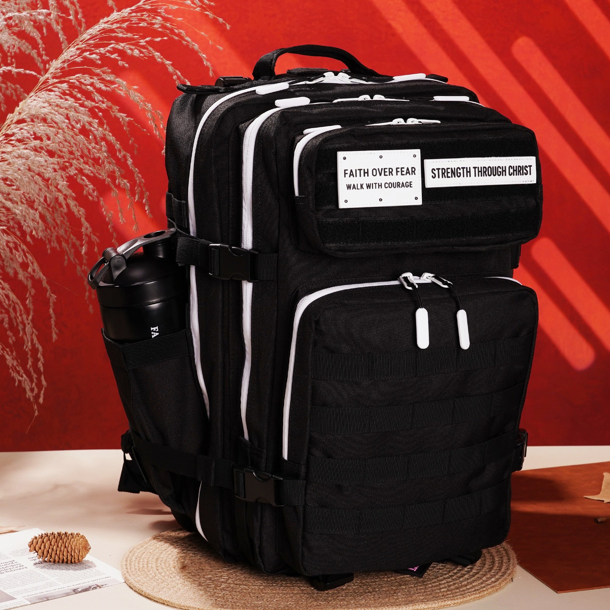 Faith-Inspired EDC Performance Backpack 45L - Black White Accent