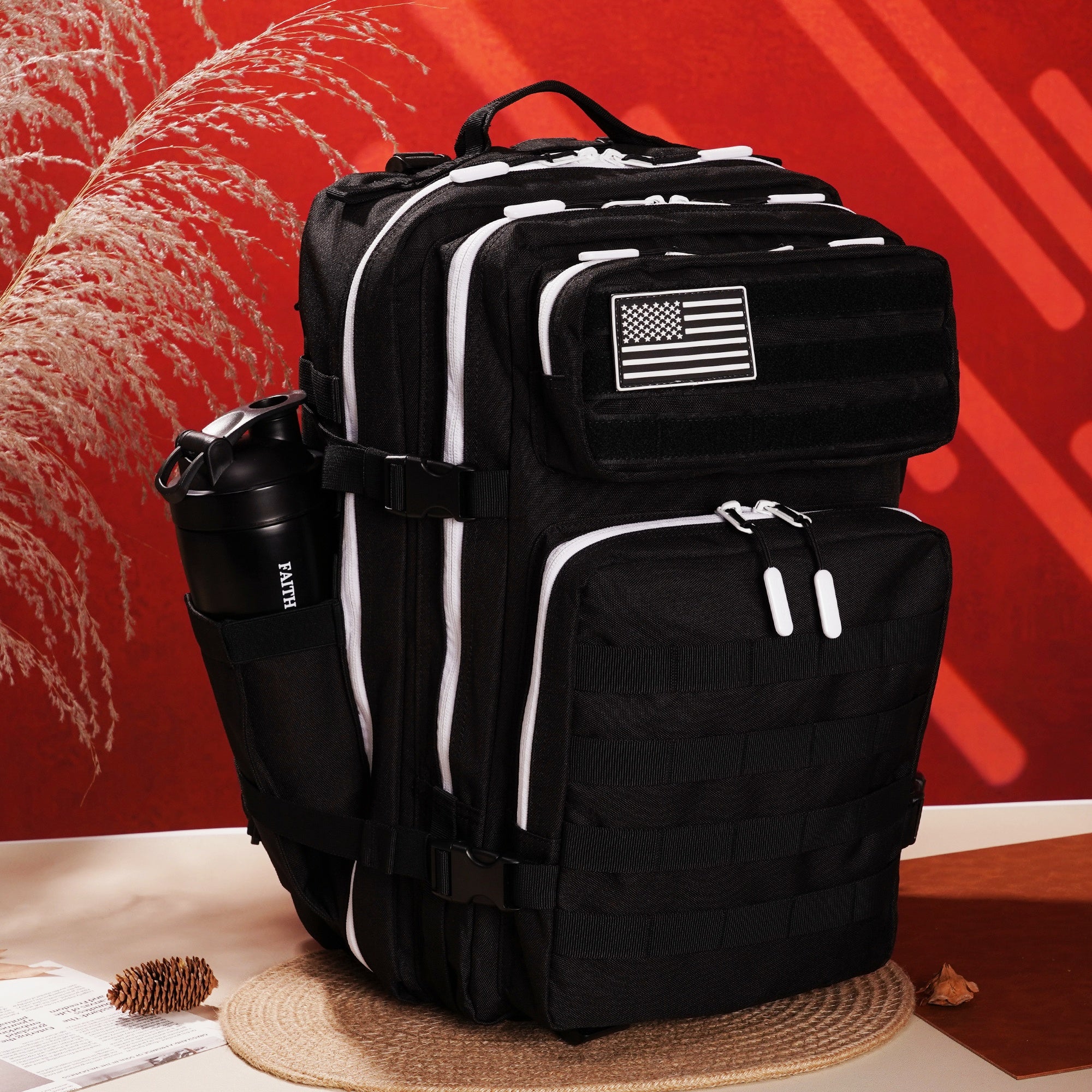 Faith-Inspired EDC Performance Backpack 45L - Black White Accent