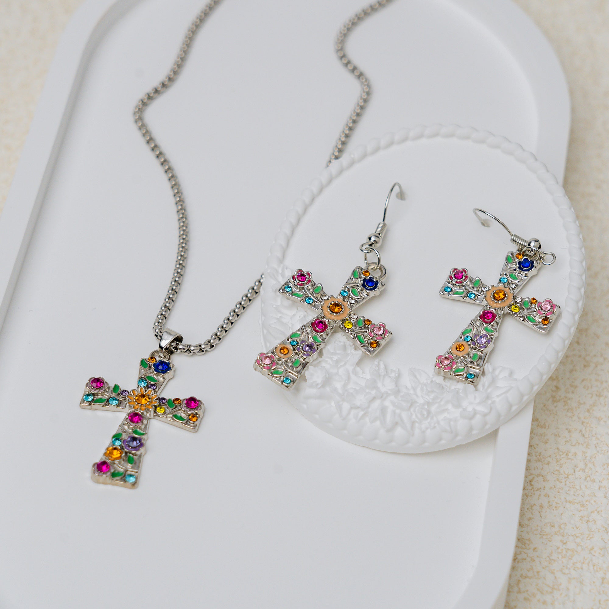Faith Blossom Cross Jewelry Set – Christian Vintage Floral Cross Necklace & Earrings